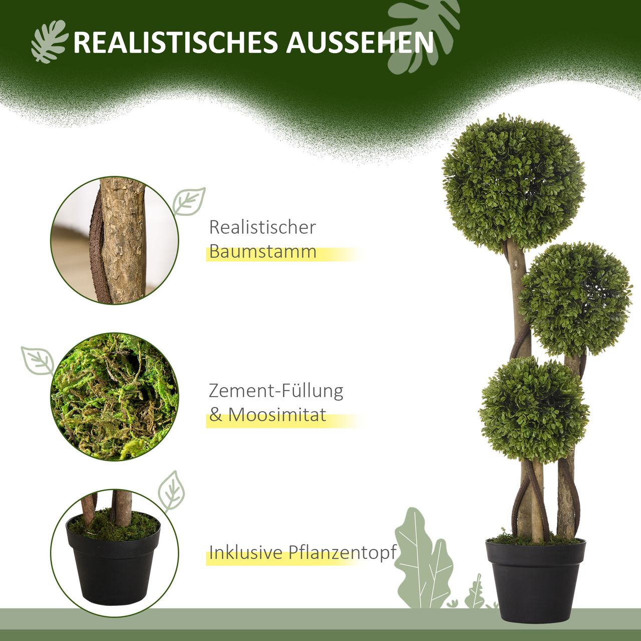 HOMCOM Künstliche Pflanze, Kunstpflanze, 90 cm Buchsbaum im Blumentopf, Hellgrün