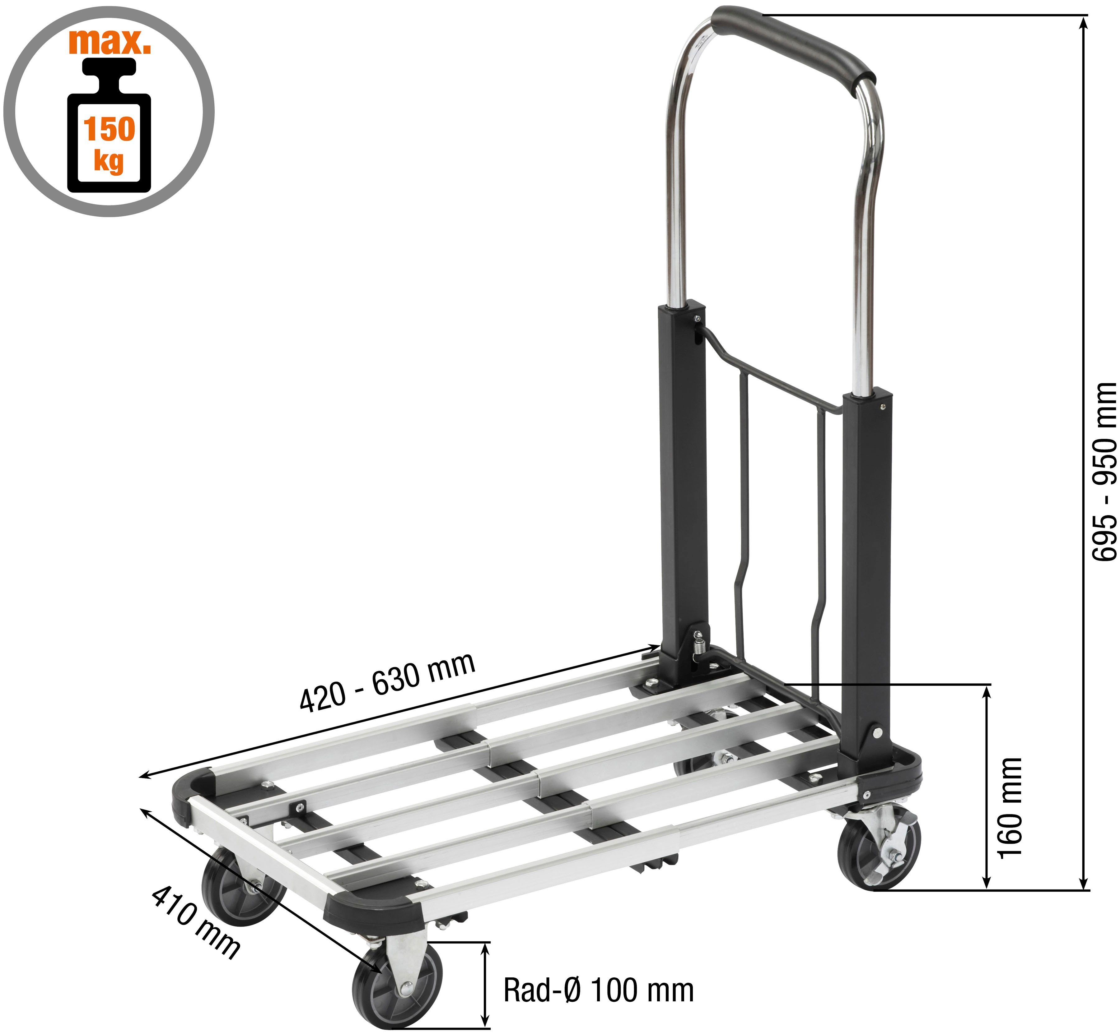 meister Transportwagen Klappwagen Alu / 8985590, bis 150 kg Tragkraft, Feststellbremse, höhenverstellbarer Griff