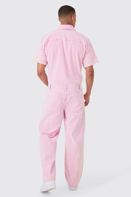 Lockerer Cord-Boilersuit in Pink mit Acid-Waschung