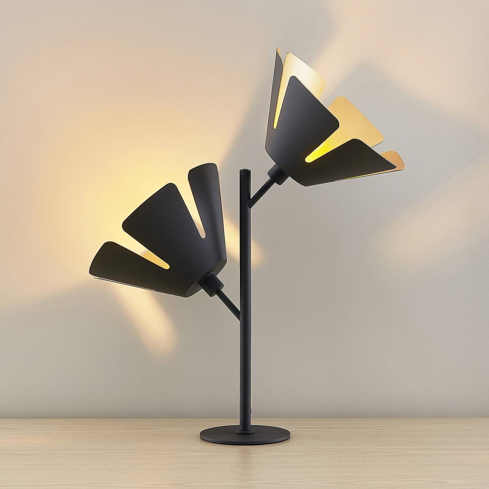 Lucande Tischleuchte Jemmily, Leuchtmittel nicht inklusive, Design, Stahl, Aluminium, Schwarz, gold, 2 flammig, E14, Designer