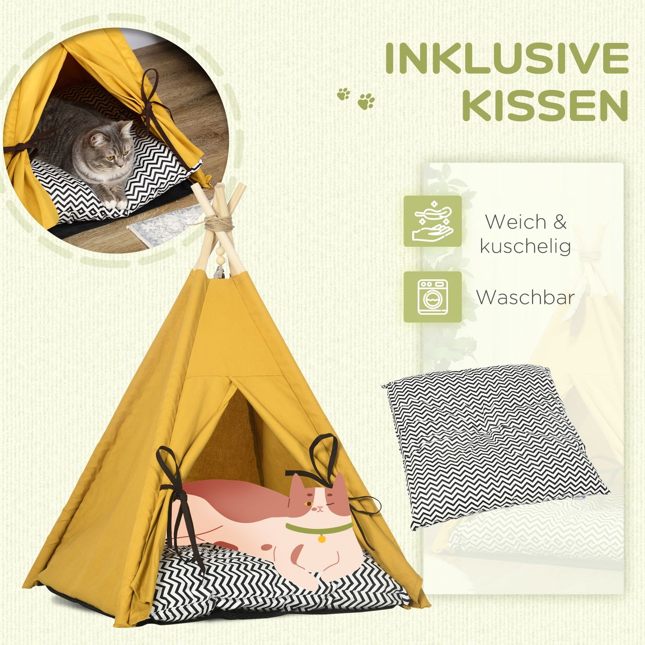 PawHut Katzenhöhle, Katzenzelt, Tierbett im Tipi-Design, Katzenhaus, Gelb