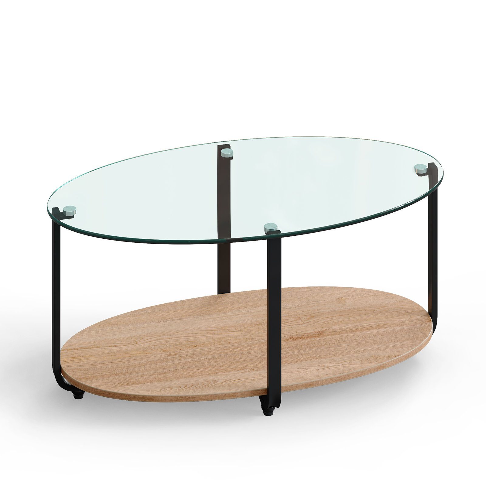 COSTWAY Couchtisch, Glas 2 Ebene mit Stauraum, Metallrahmen, oval, 95x50x44cm