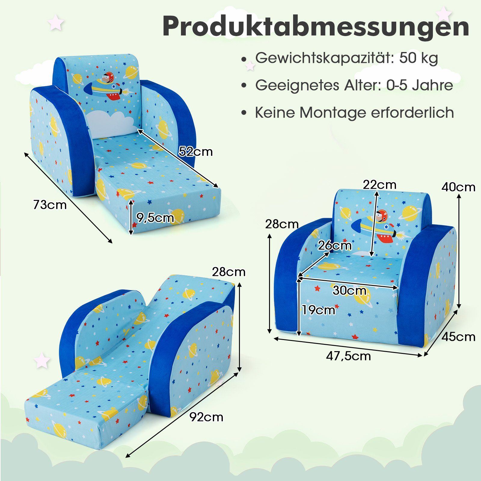 COSTWAY Kindersofa 3 in 1 Schlafsofa, klappbar, mit Schlaffunktion