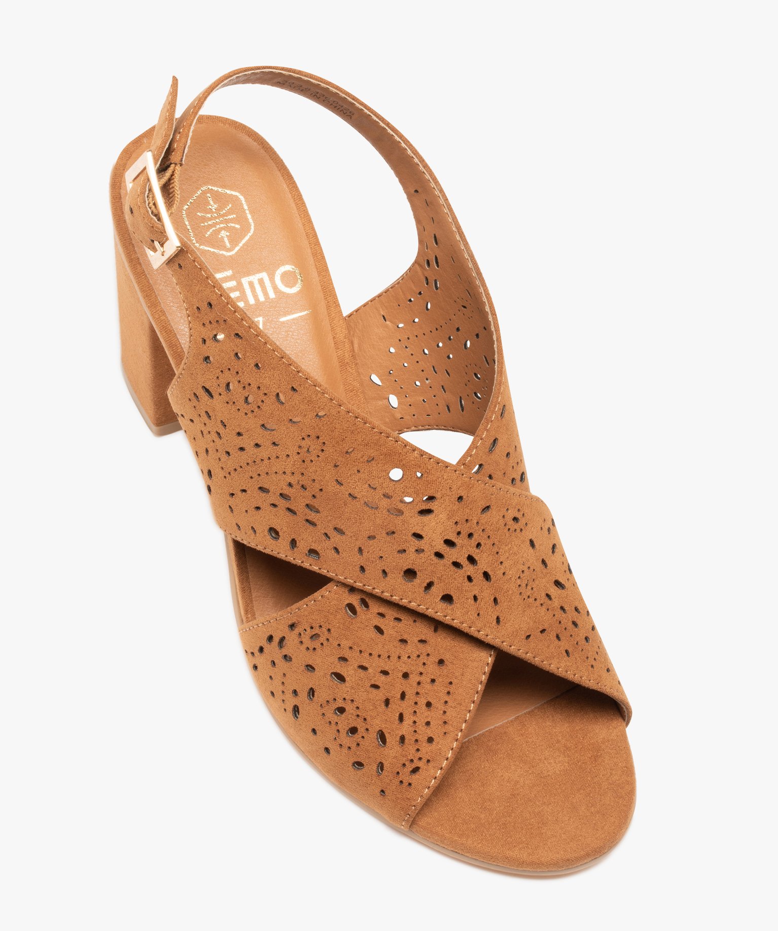 Sandales femme unies à talon carré et brides perforées camel | GEMO