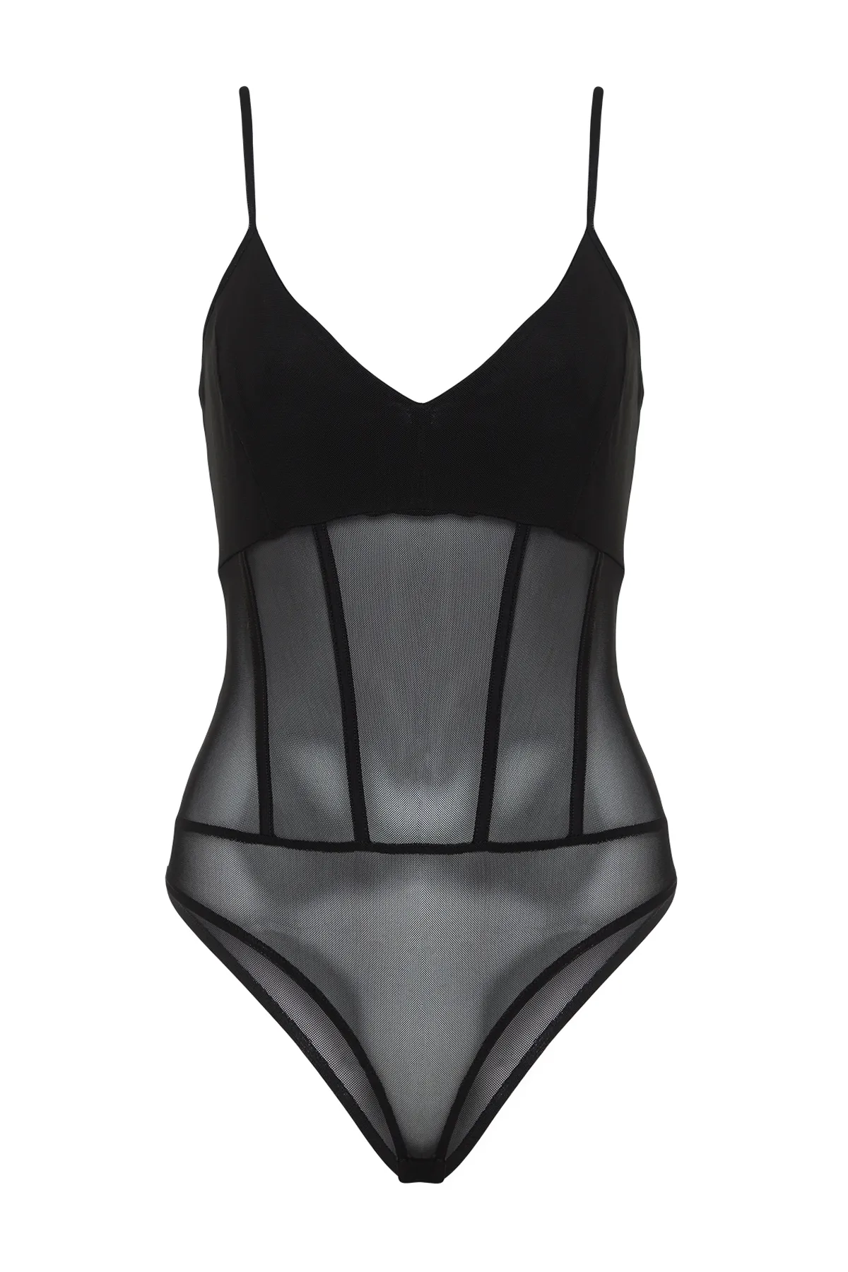 Trendyol Collection  Schwarzer, figurbetonter, gestrickter Tüll-Body mit Korsett und Details TPRSS24BD00006