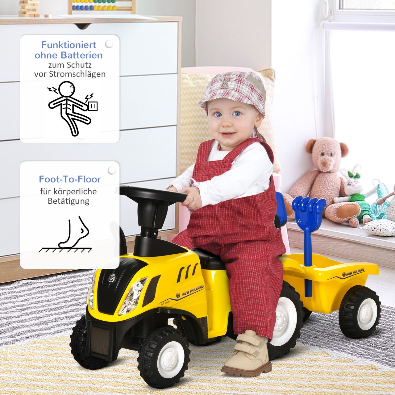 HOMCOM Kinderfahrzeug Laufhilfe mit Anhänger, Hupe Kunststoff Metall Gelb