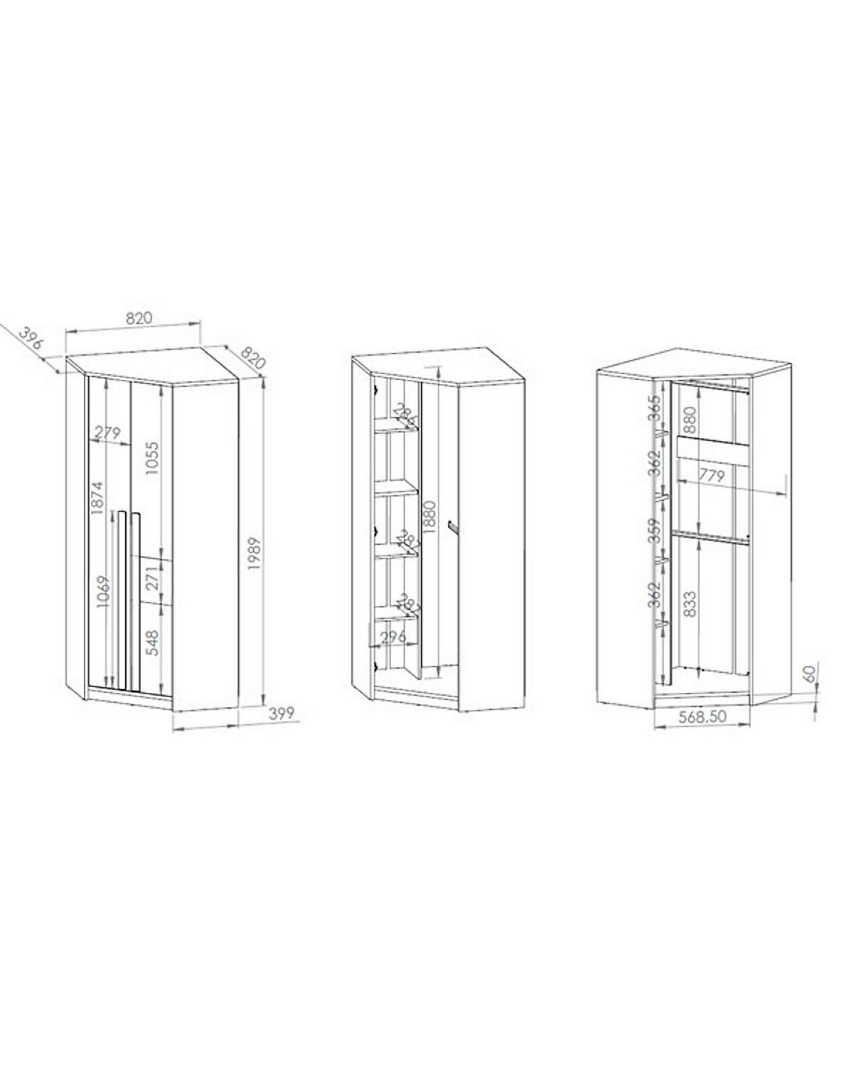 Eckschrank Drop Kleiderschrank 82x82cm 2-türig