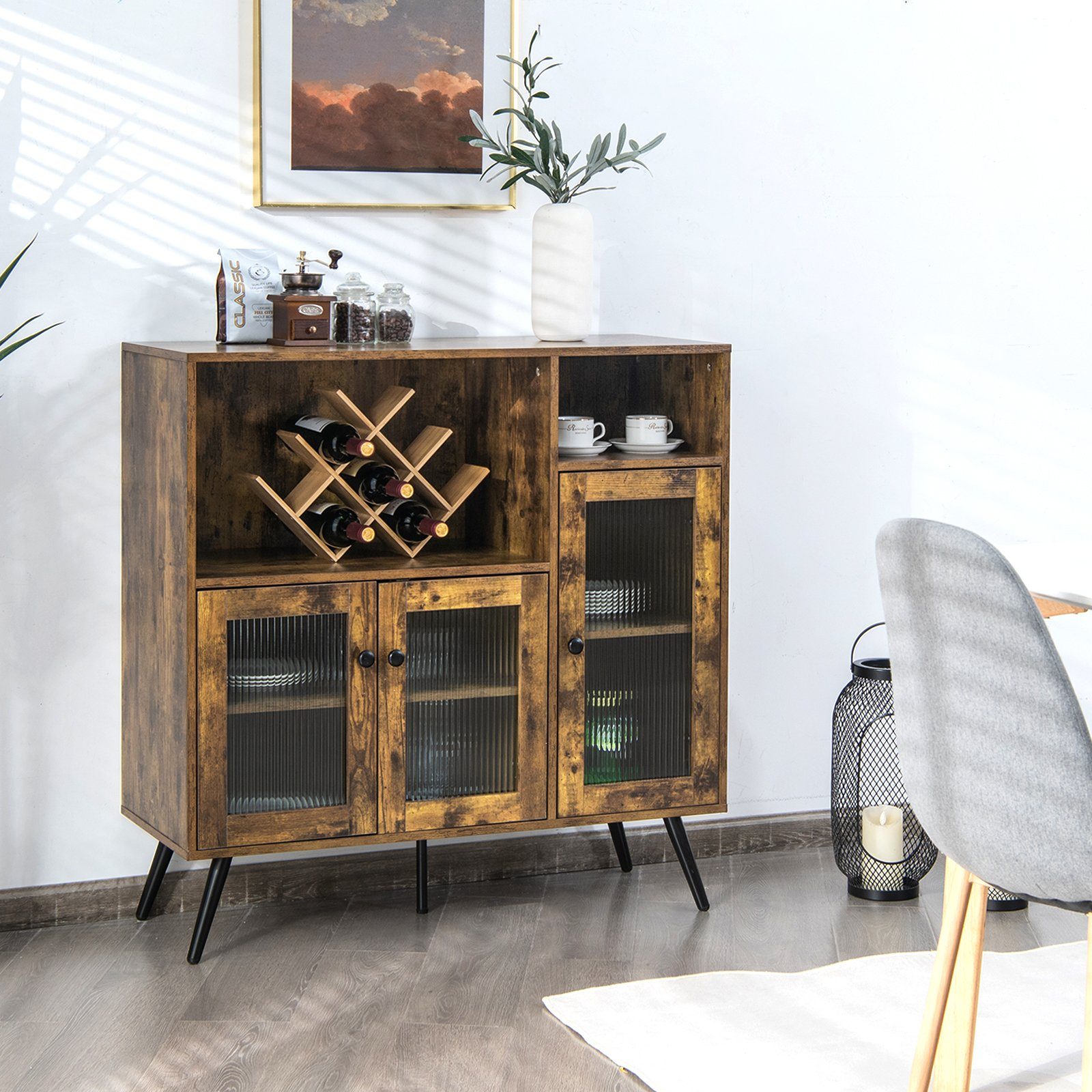 COSTWAY Küchenbuffet mit Glastüren & Fächern, Kippschutz, 100x39,5x100cm
