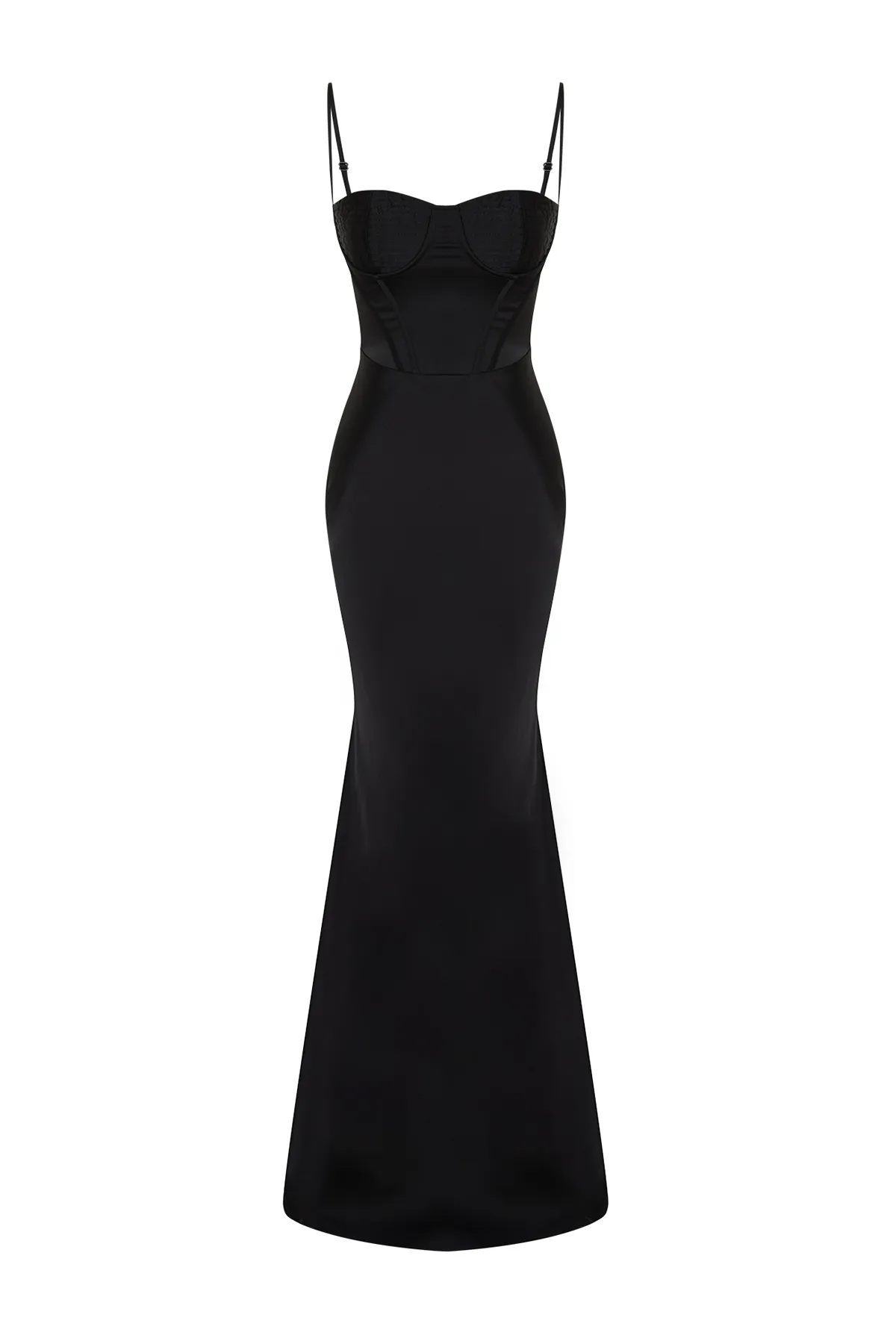 Trendyol Collection  Schwarzes, körperbetontes, gewebtes Korsett, detailliertes, langes Satin-Abendkleid TPRSS24AE00001