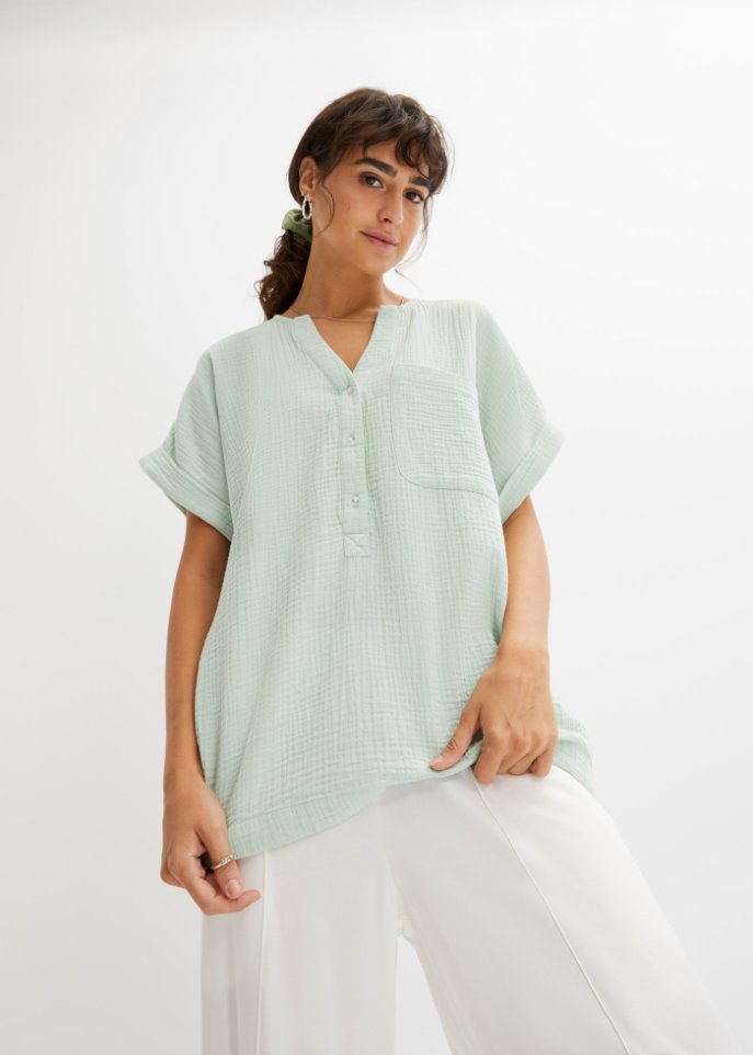 Musselin-Bluse mit Knopfleiste und Tasche