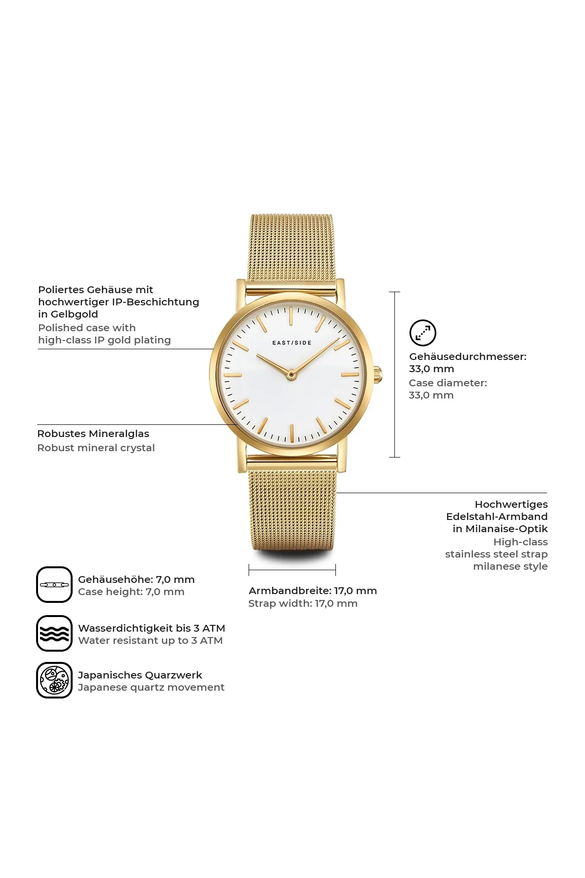 eastside  Quarzuhr Damen Quarzuhr gelbgold Edelstahl gelbgold