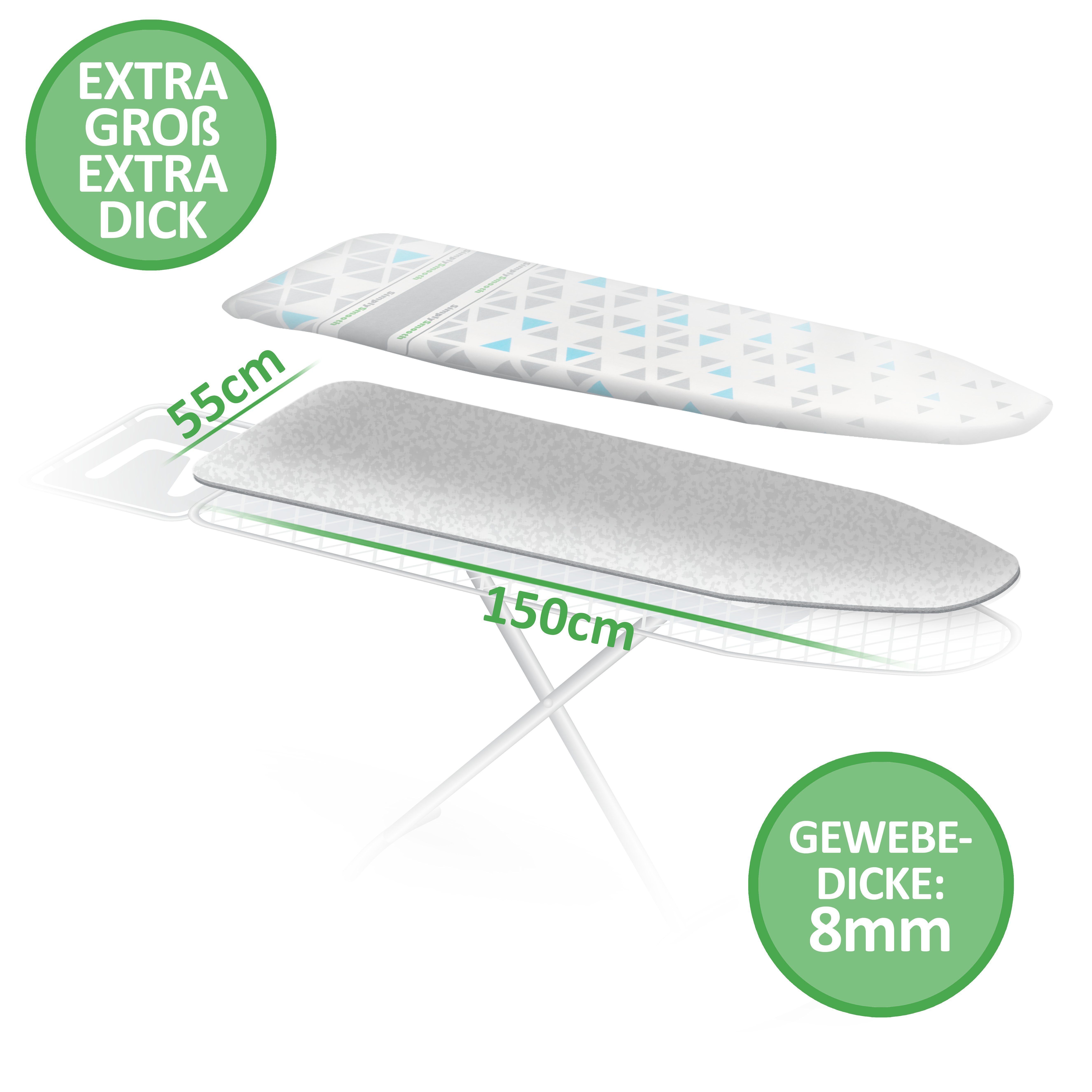 SimplySmooth Bügelbrettbezug Bügelbrettpolster, Zubehör für für alle Bügelbretter bis 150x55cm,schneidbar, dicht gepolstert und für Dampfbügeleisen geeignet