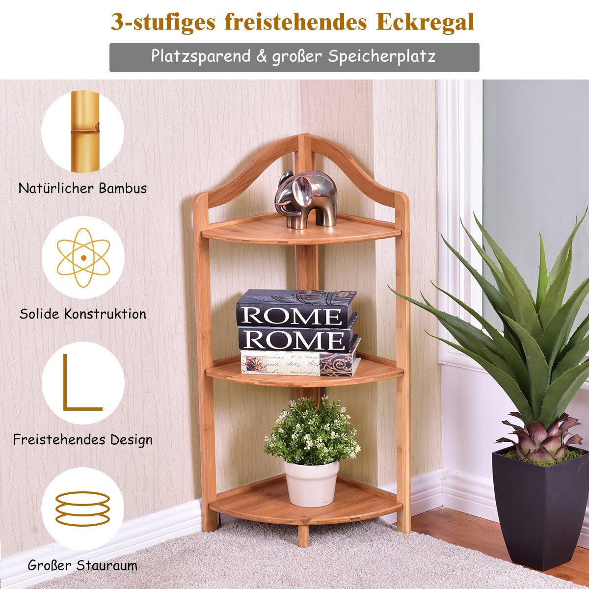 COSTWAY Eckregal, Bambus, 3 Ebenen, 33 x 33x 85 cm