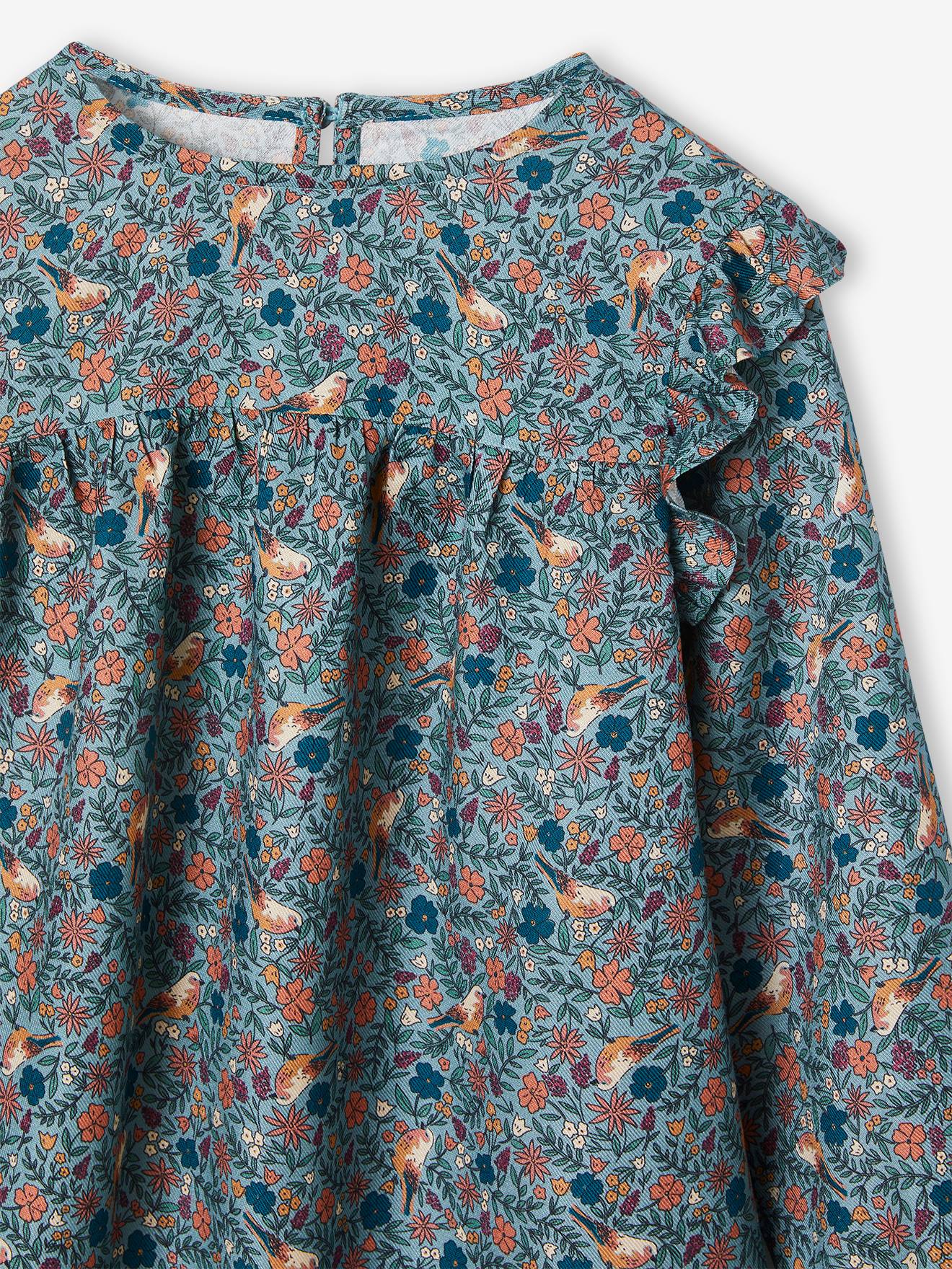 Blouse fleurie fille manches volantées bleu grisé