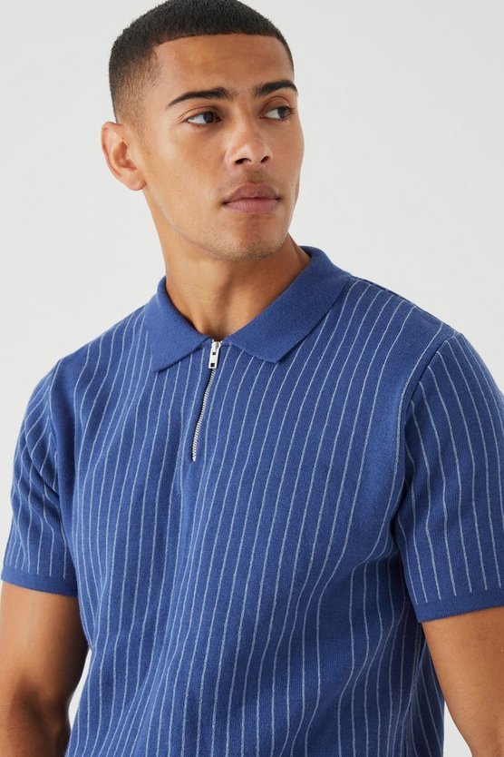 Gestreiftes Strick-Poloshirt mit halbem Reißverschluss