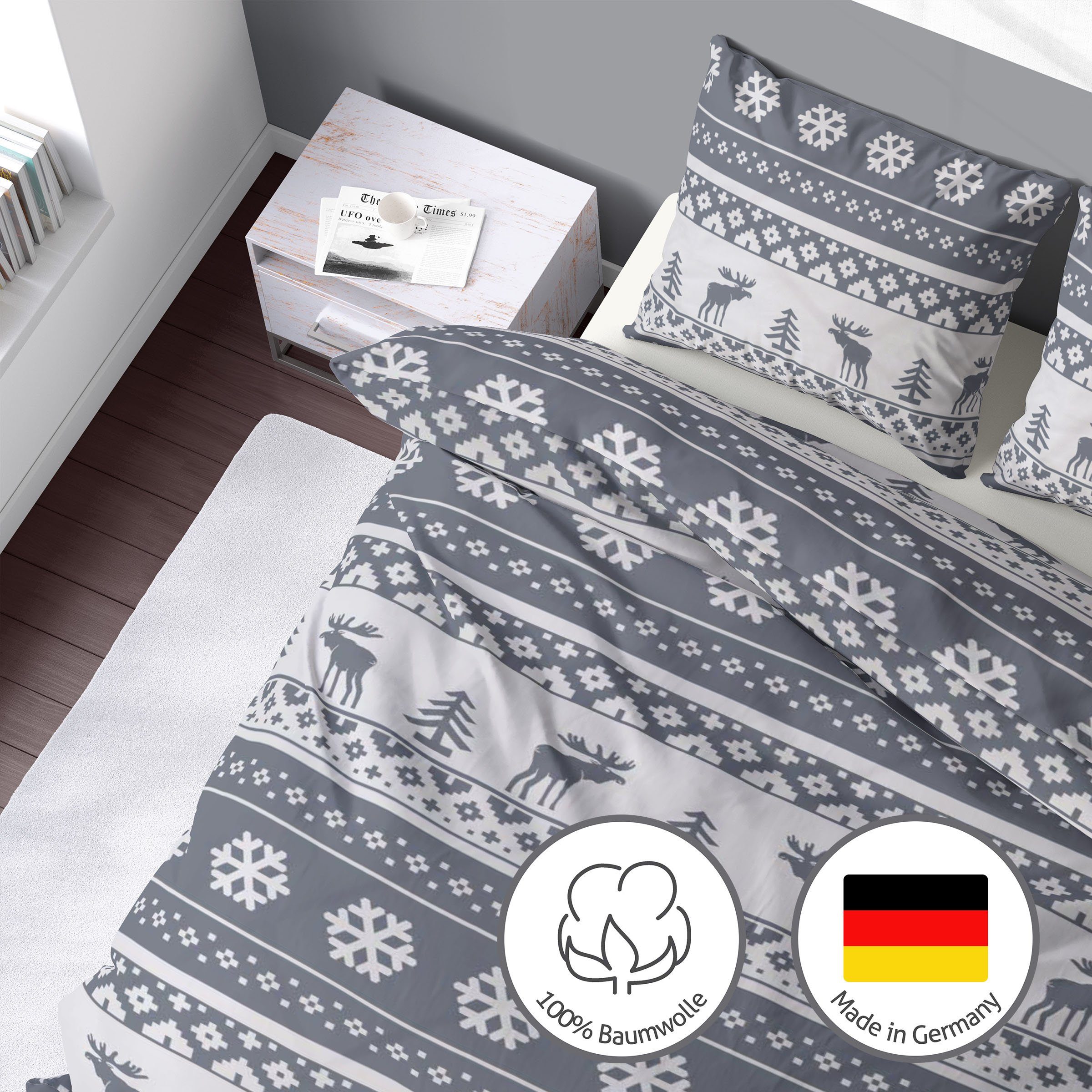 Bettwäsche Weihnachtsbettwäsche 135x200 / 155x220 2tlg - Biber Bettwäsche, LINKHOFF, Weihnachten, Elch Motive, Bettwäsche aus 100% Baumwolle