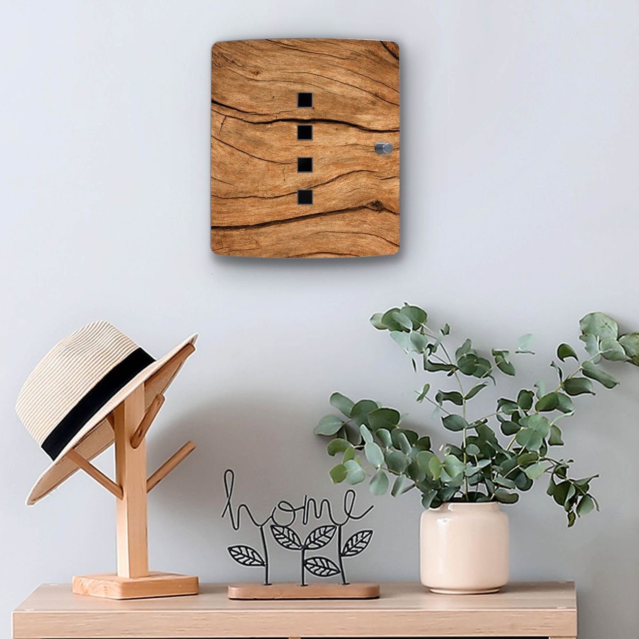 banjado Schlüsselkasten Edelstahl Trockenes Holz (verstellbarer Magnetverschluss, mit 10 Haken), 24 x 21,5 x 7 cm