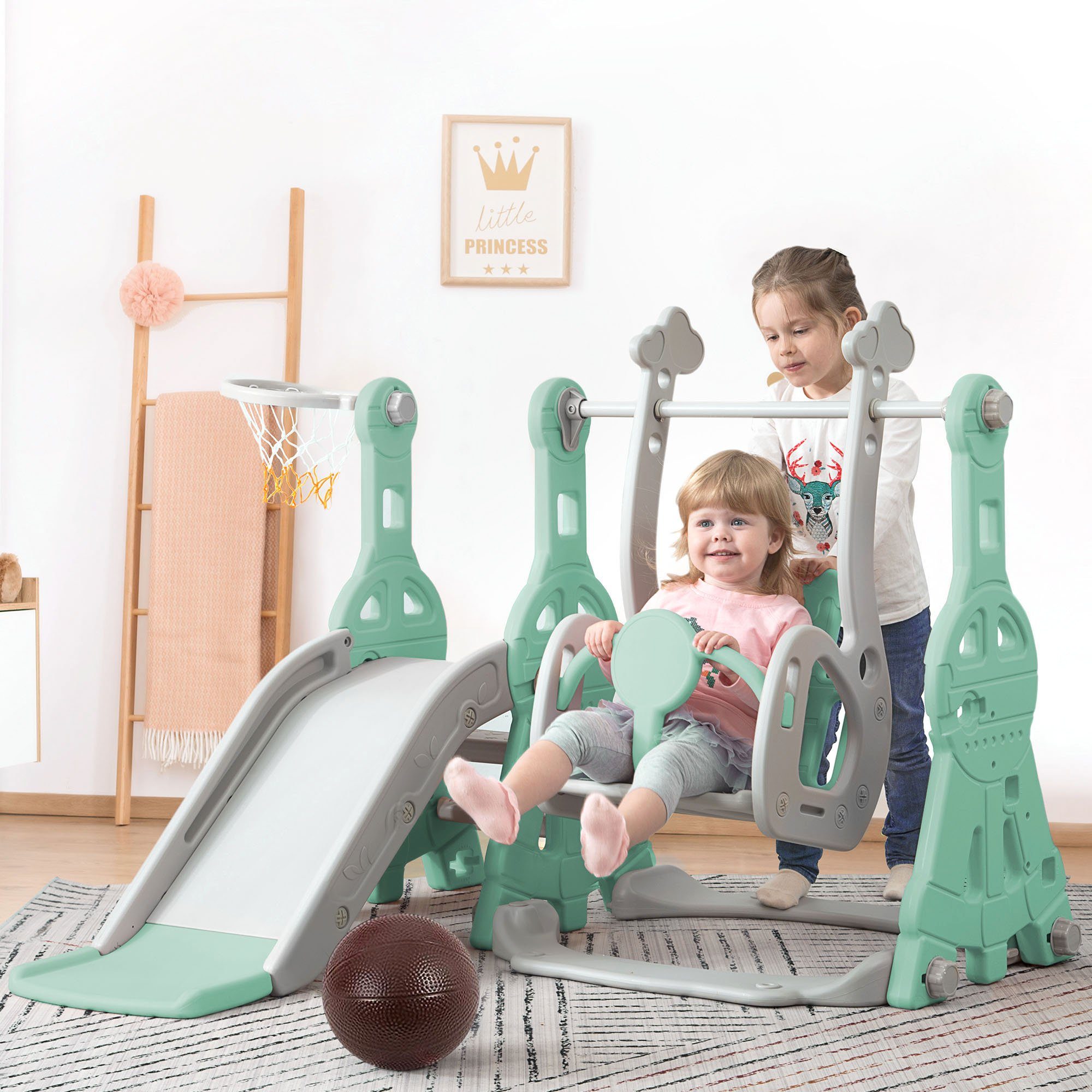 Ulife Indoor-Rutsche 4 in 1 Rutsche Kinderrutsche Fun-Slide Schaukel mit Basketballkorb, für In- und Outdoor