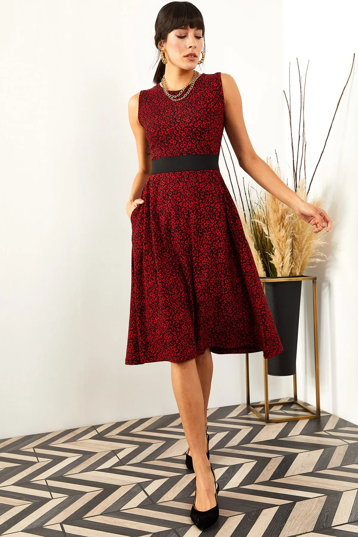 Olalook  Rotes, lockeres Kleid mit Taschen für Damen