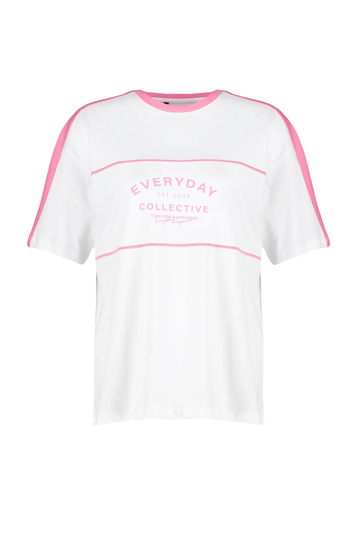 Trendyol Collection  Weißes, übergroßes/weites Strick-T-Shirt aus 100 % Baumwolle mit Farbblock und Slogan TWOSS24TS00132