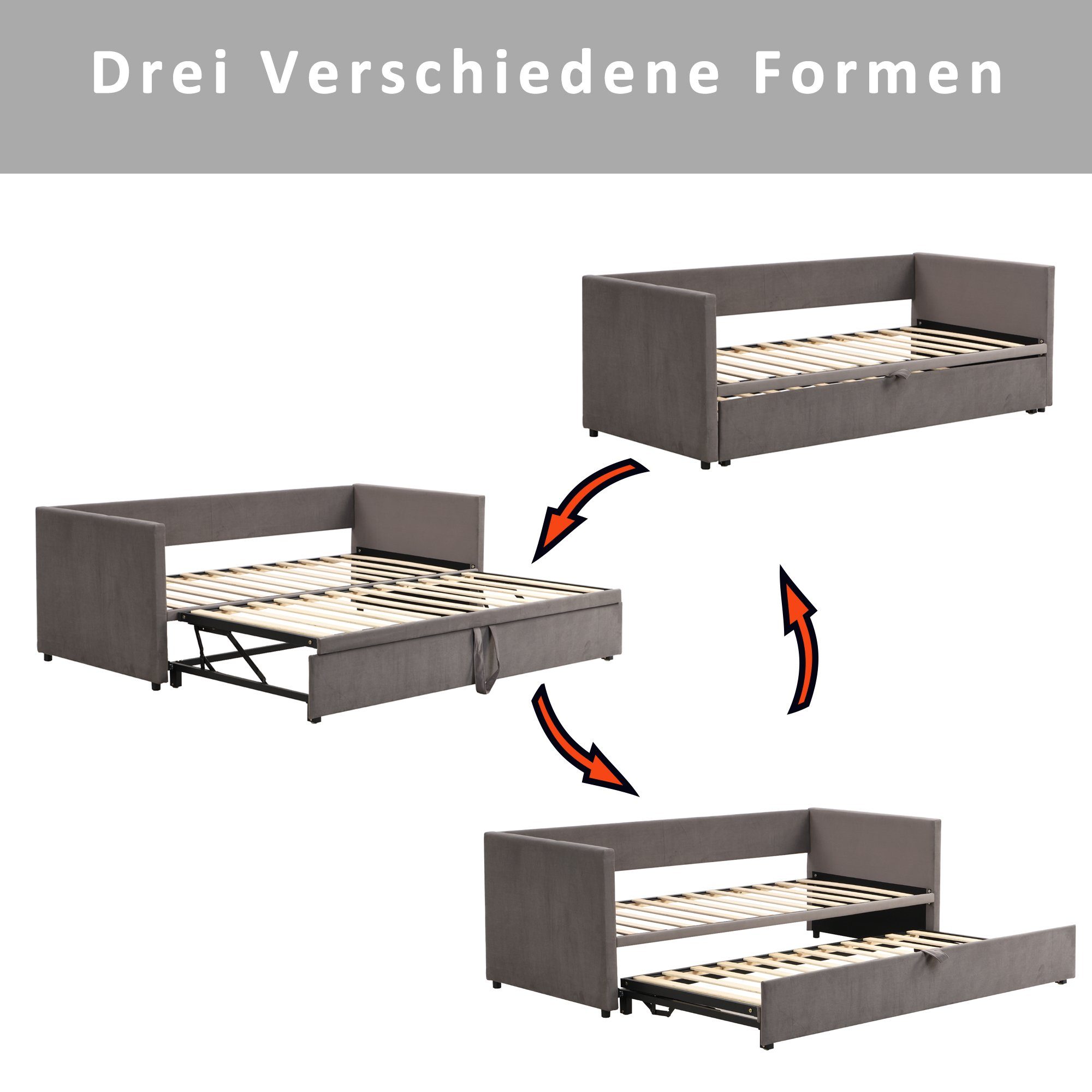 OKWISH Bett Polsterbett Ausziehbares Schlafsofa, 90/180*200 cm (aus hautfreundlichem Samtstoff, mit Lattenrosten), Ohne Matratze