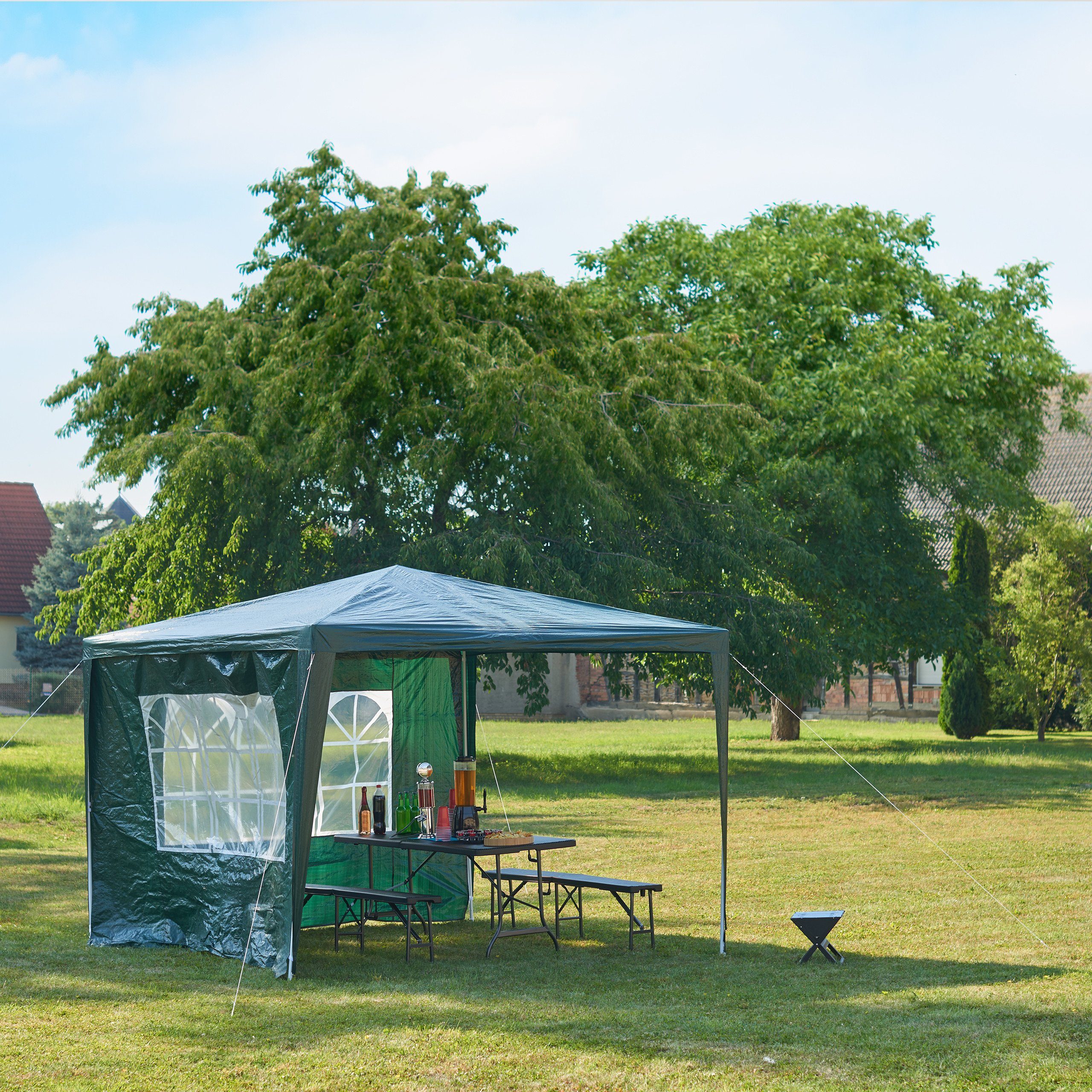 relaxdays Pavillon Pavillon 3x3 m mit 2 Seitenteilen, Grün