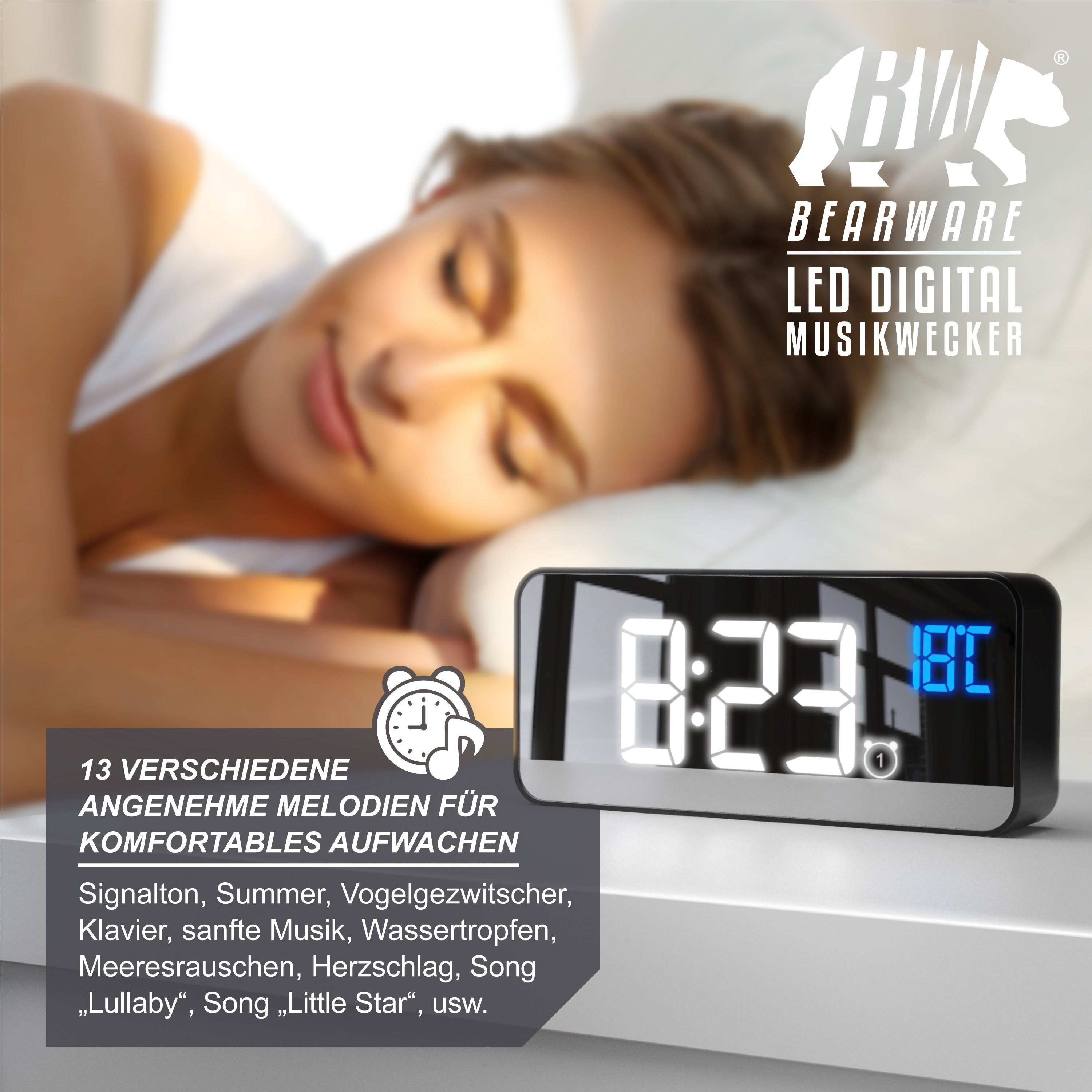 BEARWARE Wecker Musikwecker digital Temperaturanzeige, Reisewecker mit Netzteil & Akku