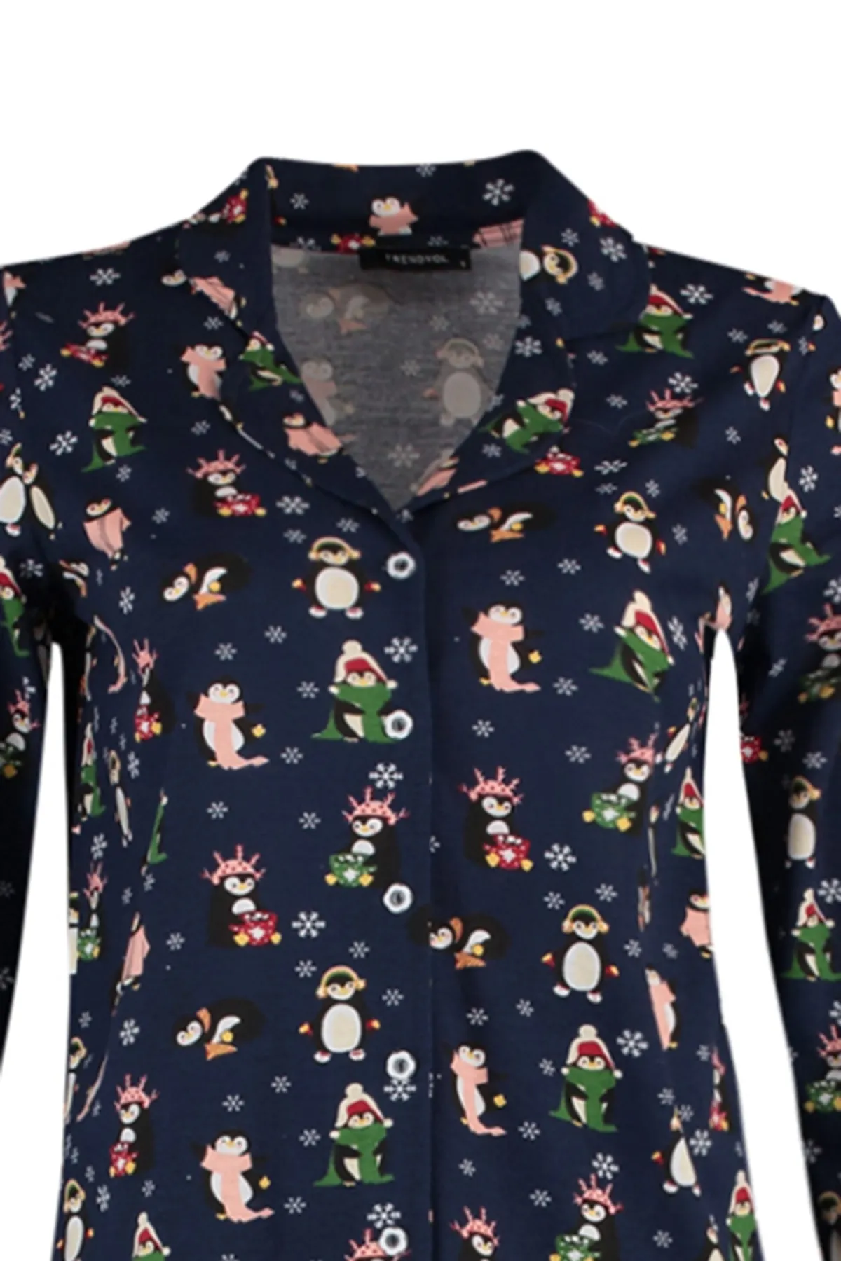 Trendyol Collection  Marineblaues Winter-Pyjama-Set aus 100 % Baumwolle mit Pinguin-Muster THMAW23PT00150