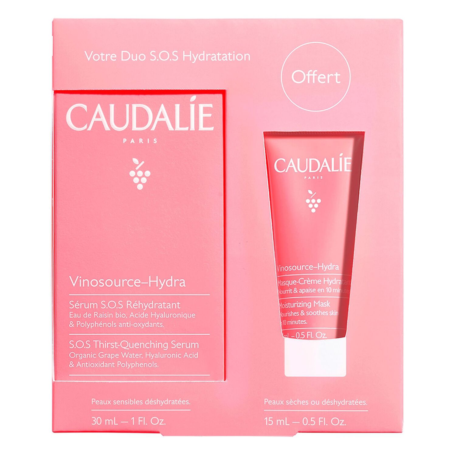 Caudalie Vinosource-Hydra Coffret Sérum S.O.S 30 ml + Masque Crème 15 ml