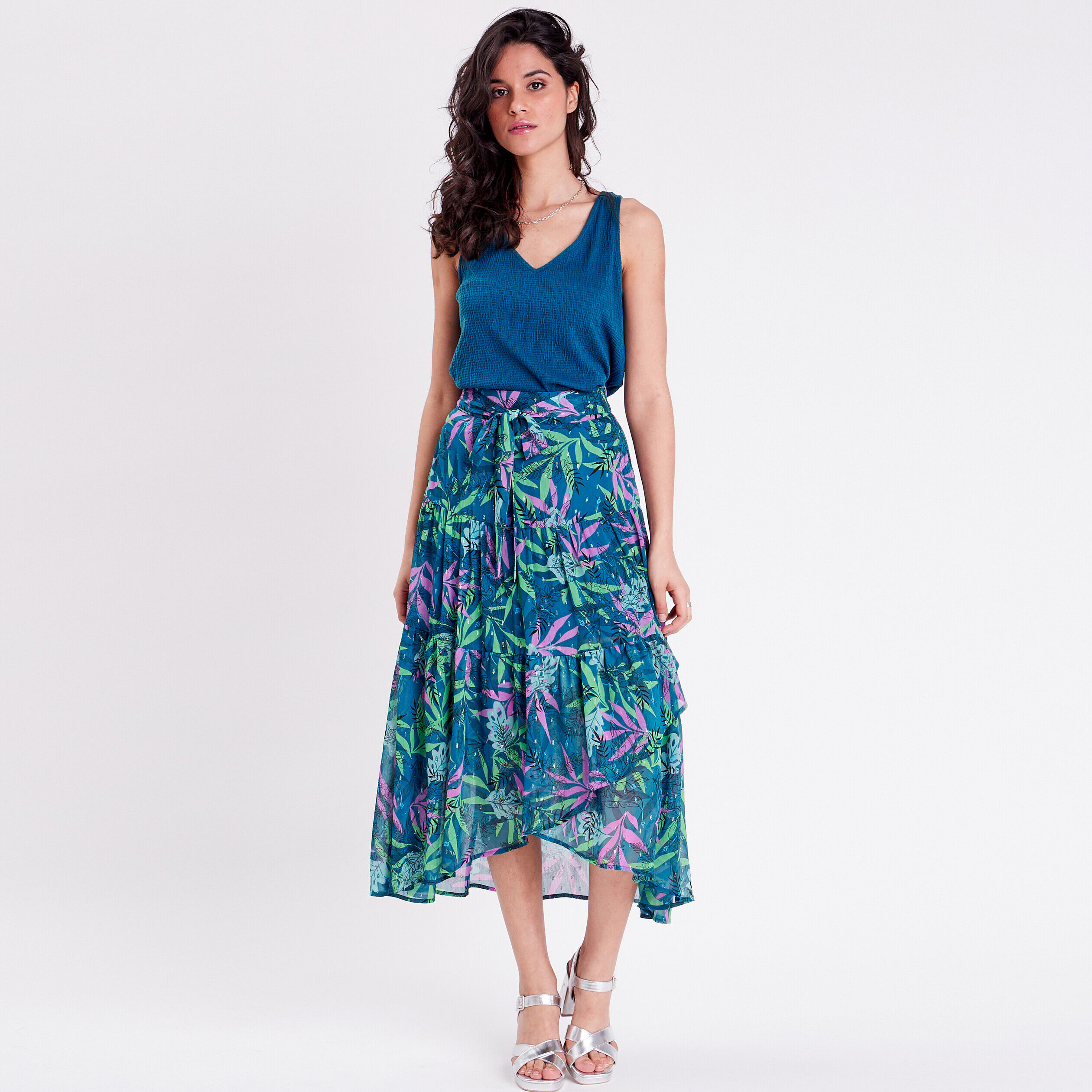 Jupe longue évasée bleu femme | Cache Cache