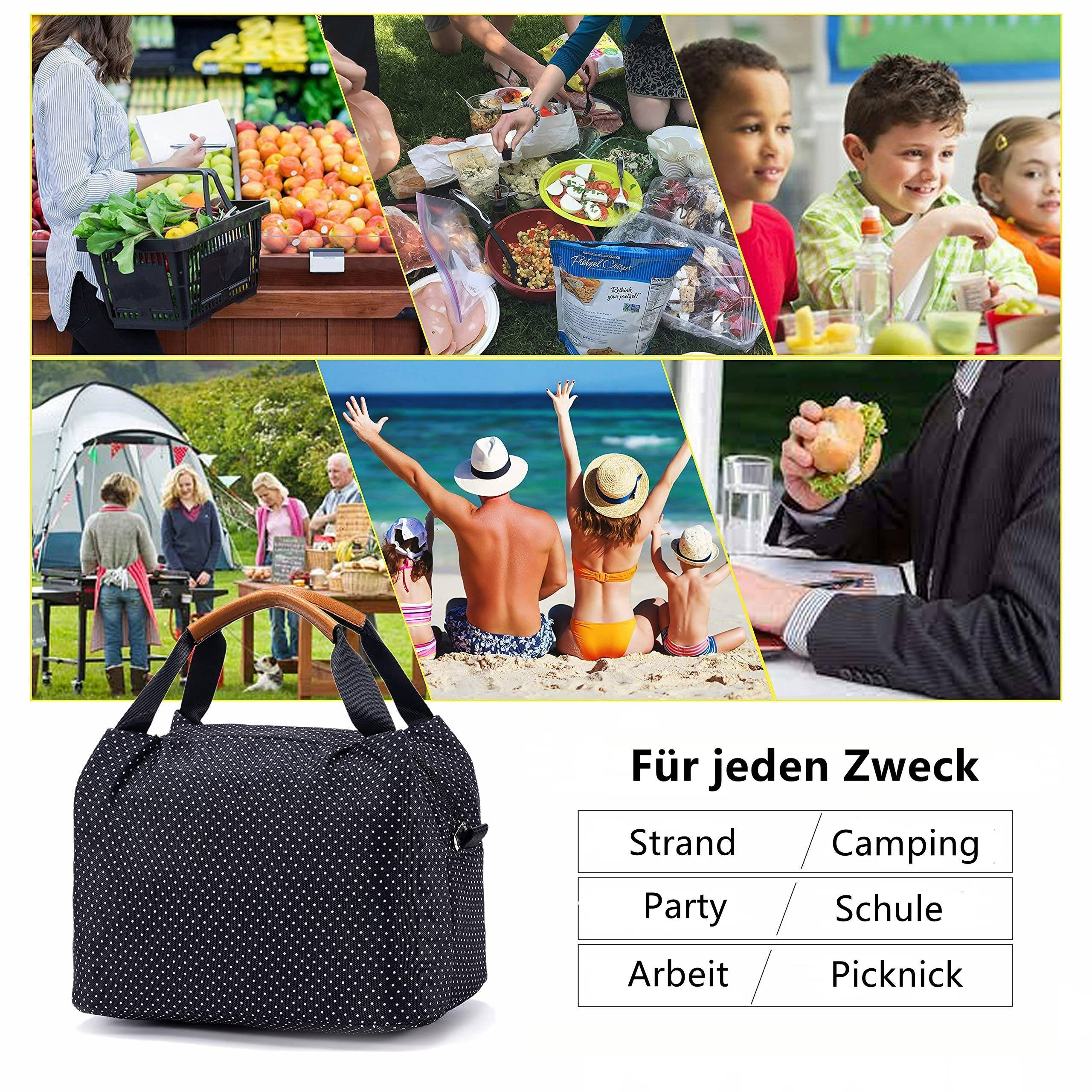 TAN.TOMI Thermobehälter TAN.TOMI Lunchtasche Kühltasche Isoliertasche Lunchbag Thermotasche mit Reißverschluss, Klein und Faltbar aus wasserdichtem Material für Arbeit, Schule, unterwegs und Picknick, Polyester
