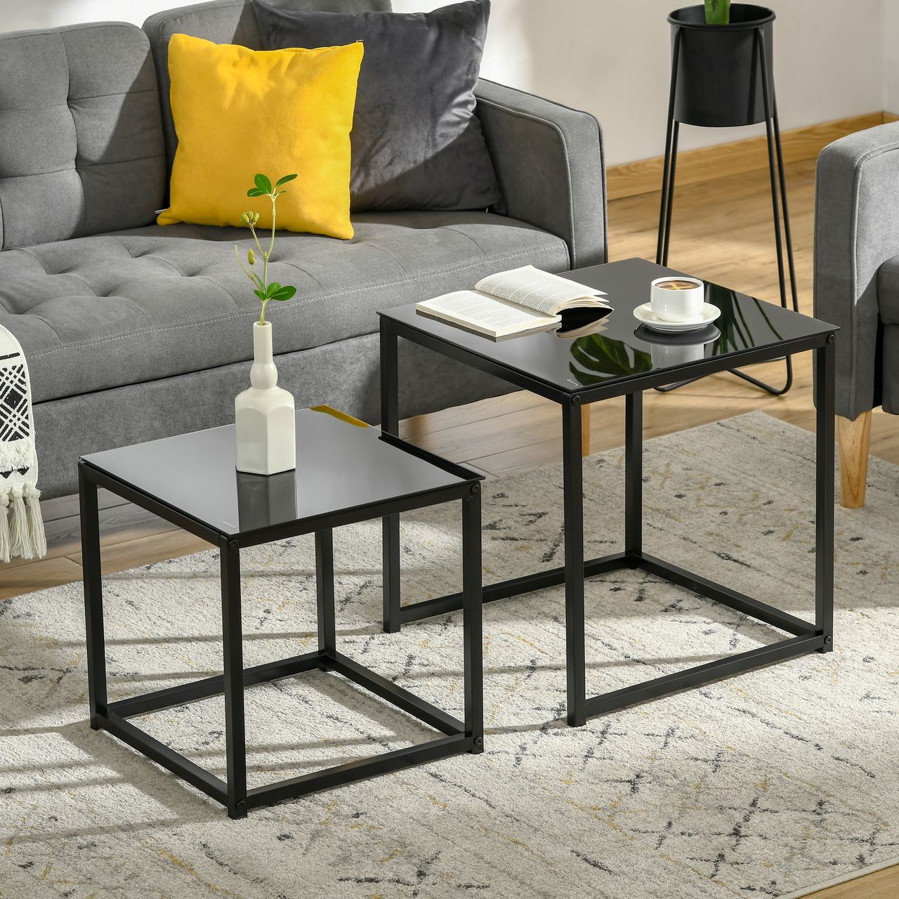 HOMCOM Beistelltisch 2er-Set, Couchtisch-Set, Kaffeetisch mit Glastischplatte