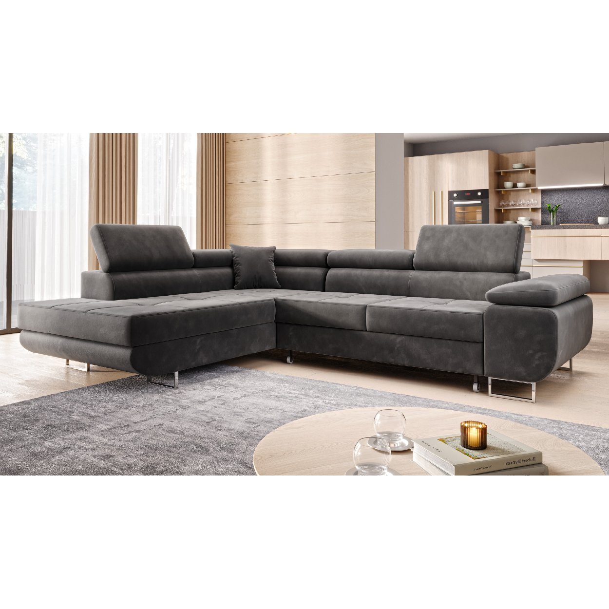 Möbel Punkt Ecksofa Monaco Samt Grau mit Bett Bettkasten Kopfteilverstellung Bett Sofa Schlafsofa Ottomane links