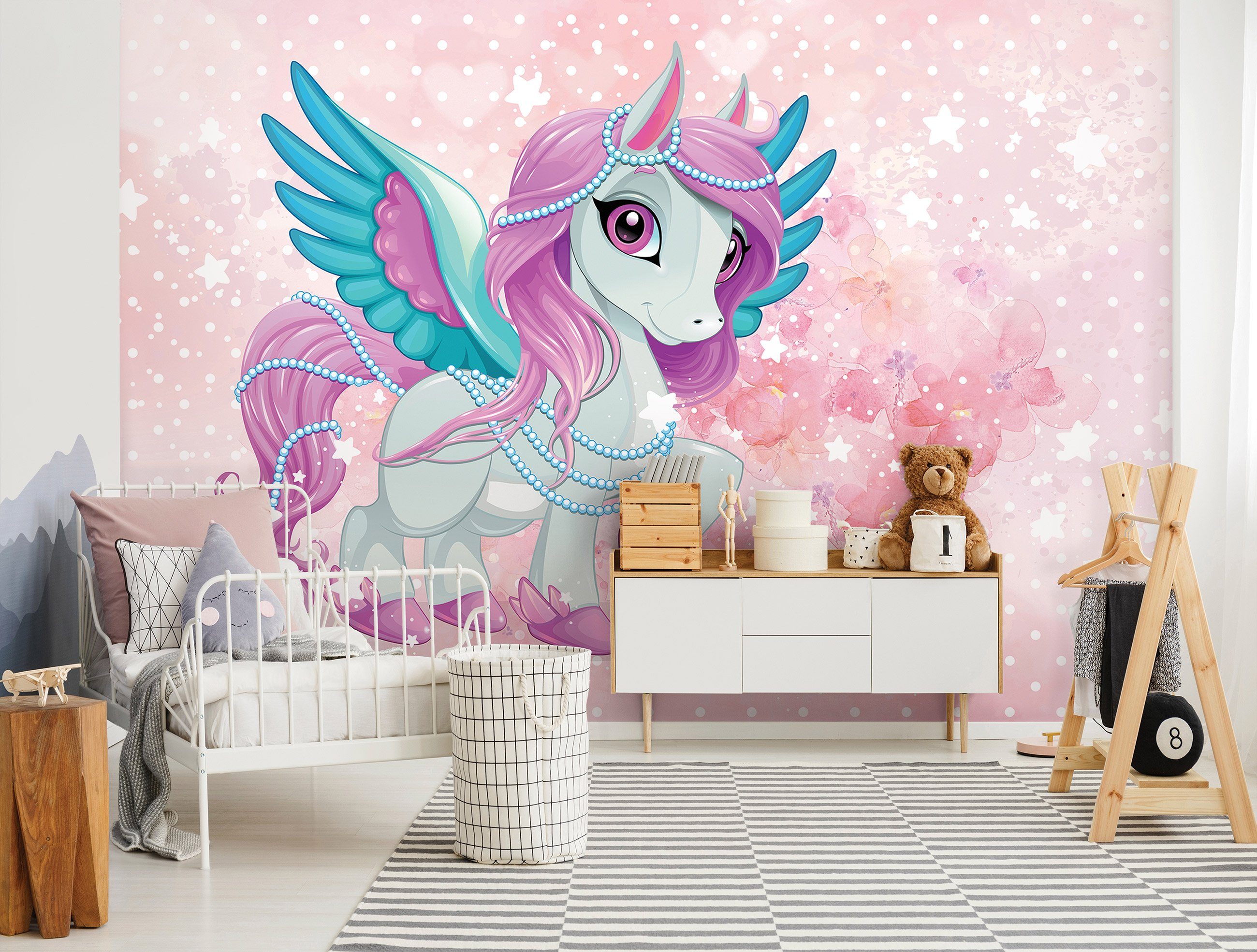 Wallarena Fototapete Kinderzimmer Mädchen Unicorn Pferd Rose Stern Kinder Vlies Tapete für Babyzimmer oder Mädchenzimmer Vliestapete Wandtapete Motivtapete, Glatt, Unicorn, Vliestapete inklusive Kleister