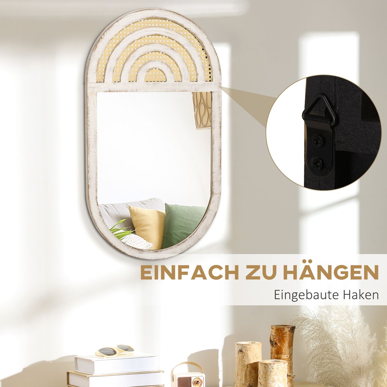 HOMCOM Wandspiegel, Wohnzimmerspiegel, 50 x 90 cm Flurspiegel mit Rattenoptik