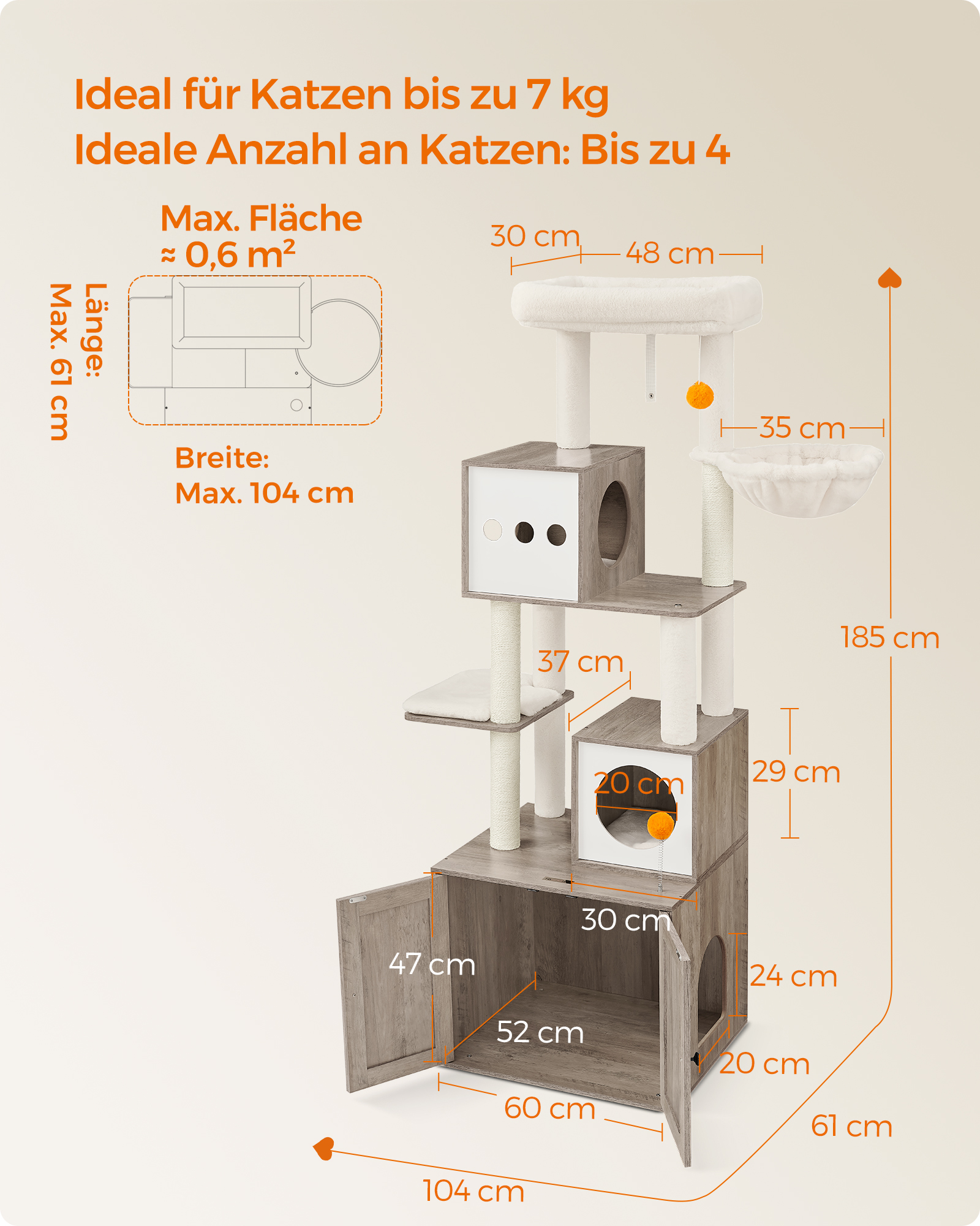 FEANDREA Kratzbäume FEANDREA Kratzbaum 185cm mit Katzenklo-Schrank vintagebraun grau