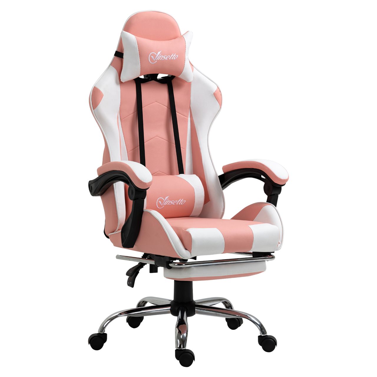 HOMCOM Gamingstuhl Computerstuhl Ergonomischer Bürostuhl Gamer Stuhl mit Kopfstütze Lendenkissen Bürostuhl höhenverstellbar 360°drehbar Schaumstoff Kunstleder PVC Rosa Weiß 64 x 67 x 119-127 cm