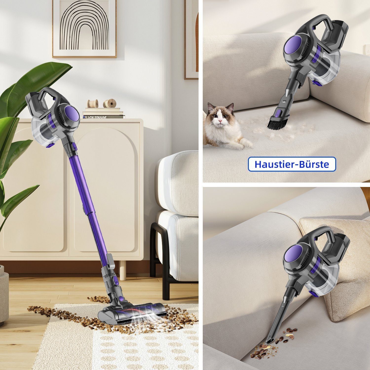 Authmic Akku-Stielstaubsauger Akku Staubsauger, Staubsauger Kabellos mit 25000pa Saugkraft, Akkusauger, Bis zu 50 Min Laufzeit, 1.3L Staubbehälter