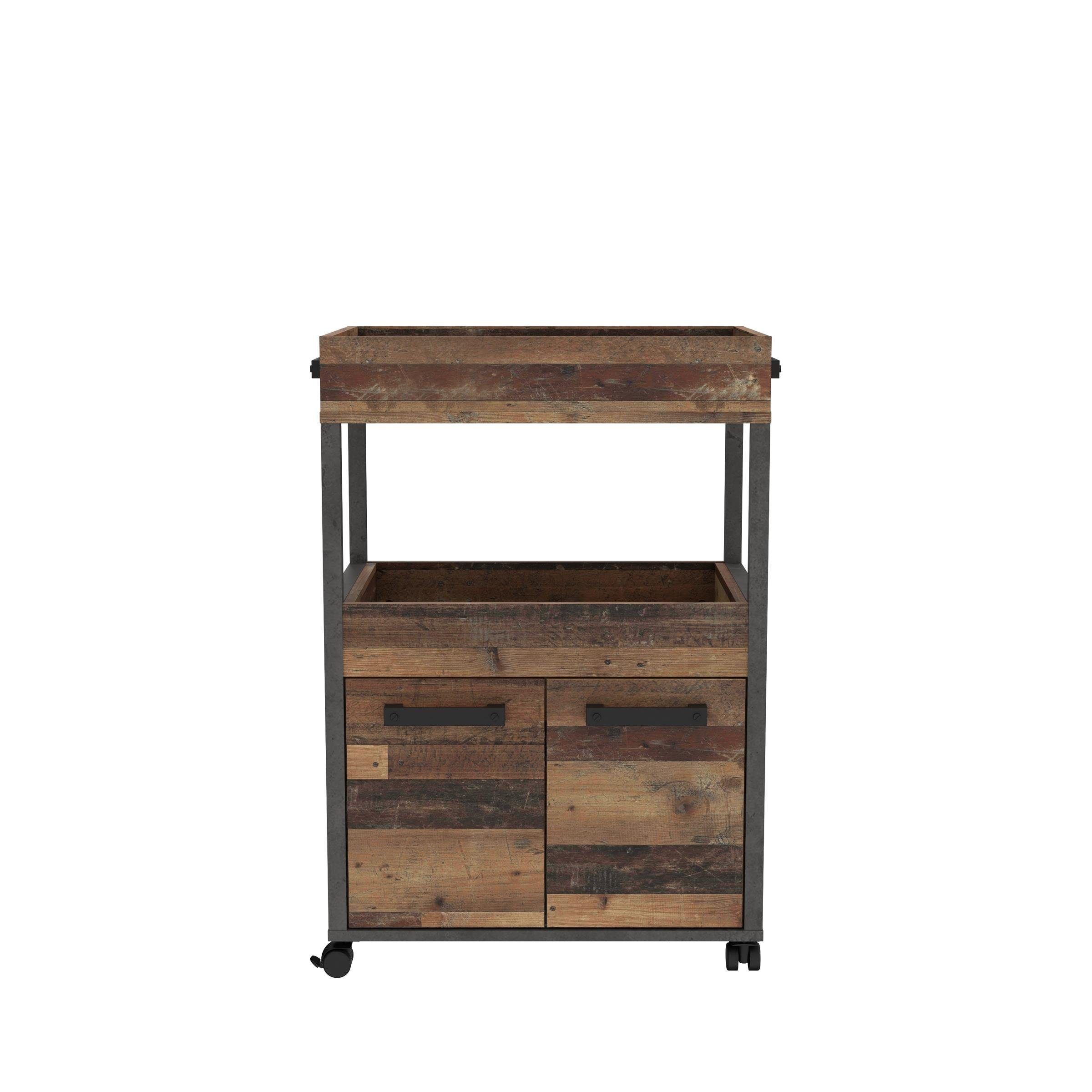 möbelando Barschrank Hydra Barschrank im modernen Industrial-Design aus Spanplatte in Betonoptik Dunkelgrau / Old Wood Vintage Nachbildung mit 2 Holztüren, 2 Ablageböden und 4 Rollen. Breite 60 cm, Höhe 88,5 cm, Tiefe 40 cm