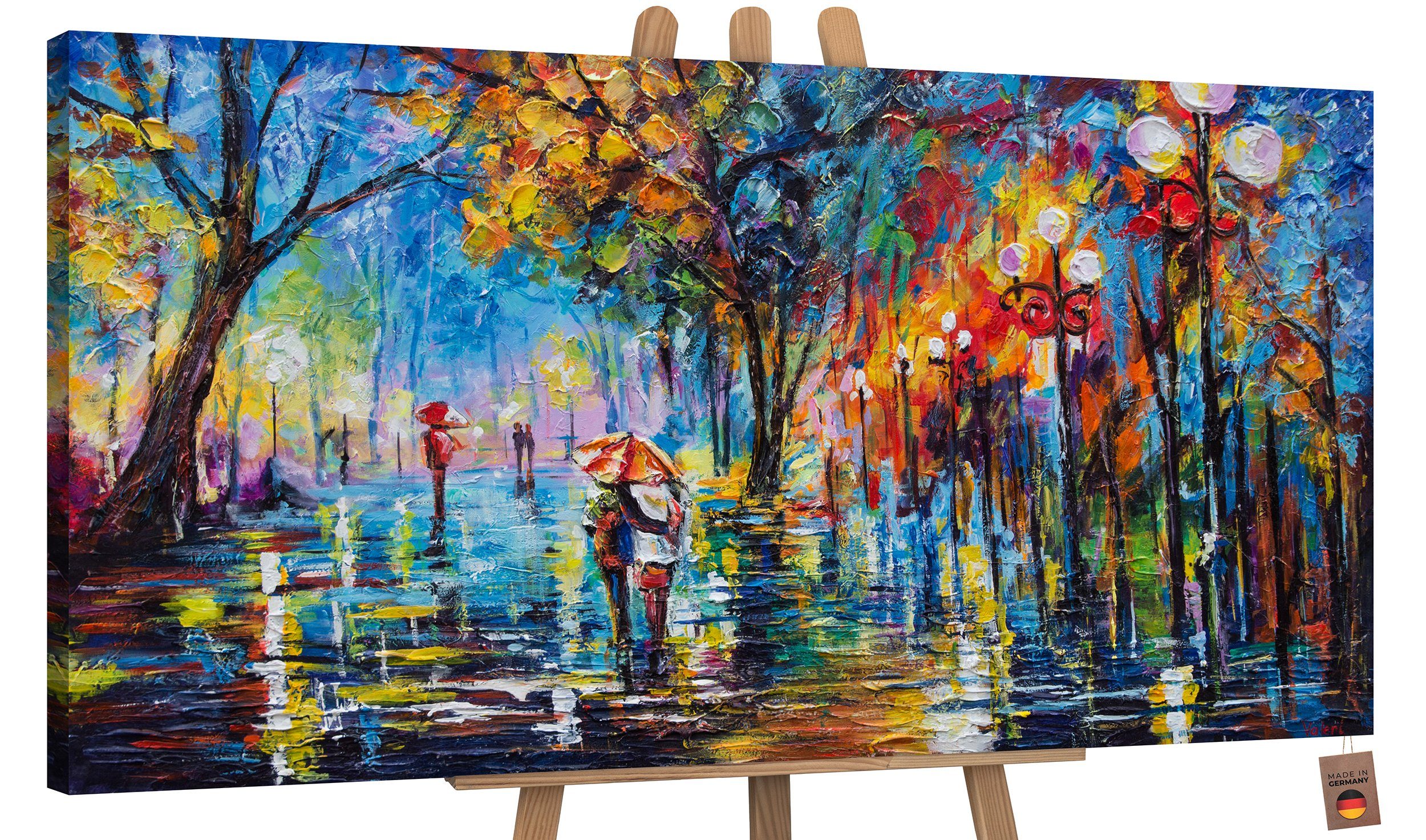 YS-Art Gemälde Herbstliche Allee, Menschen, Paar Regenschirm Leinwand Bild Handgemalt Allee Baum