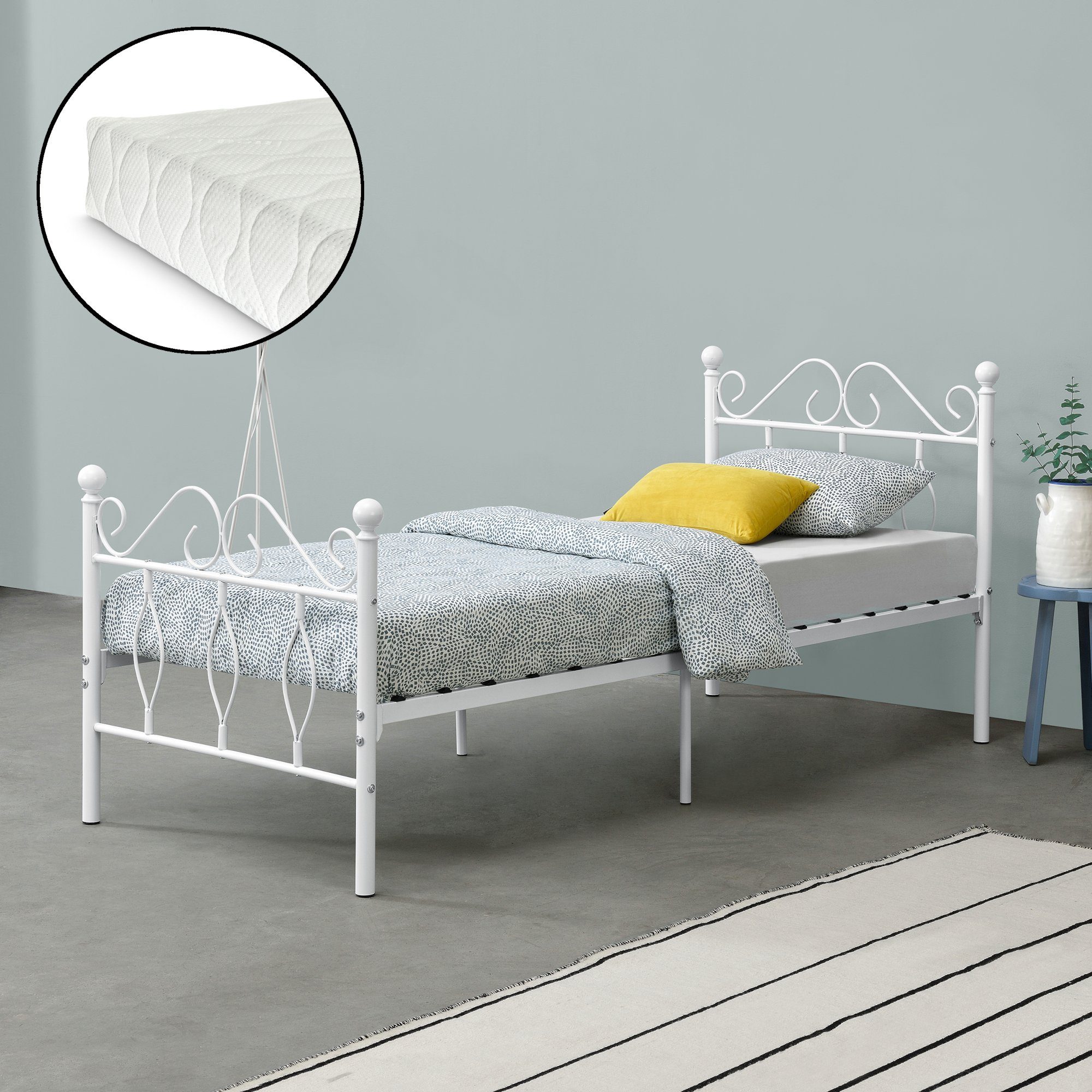 en.casa Metallbett, Apolda Gästebett mit Kaltschaummatratze 90x200 cm Weiß