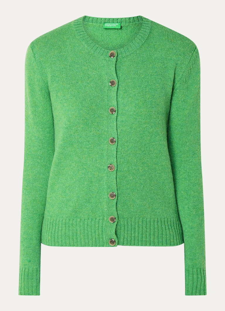 Cardigan Benetton cu guler rotund, confecționat din lână fină.