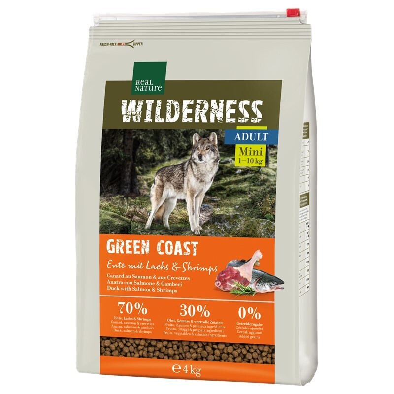 REAL NATURE Hundetrockenfutter REAL NATURE WILDERNESS Mini Adult Green Coast Ente mit Lachs & Shrimps 4 kg