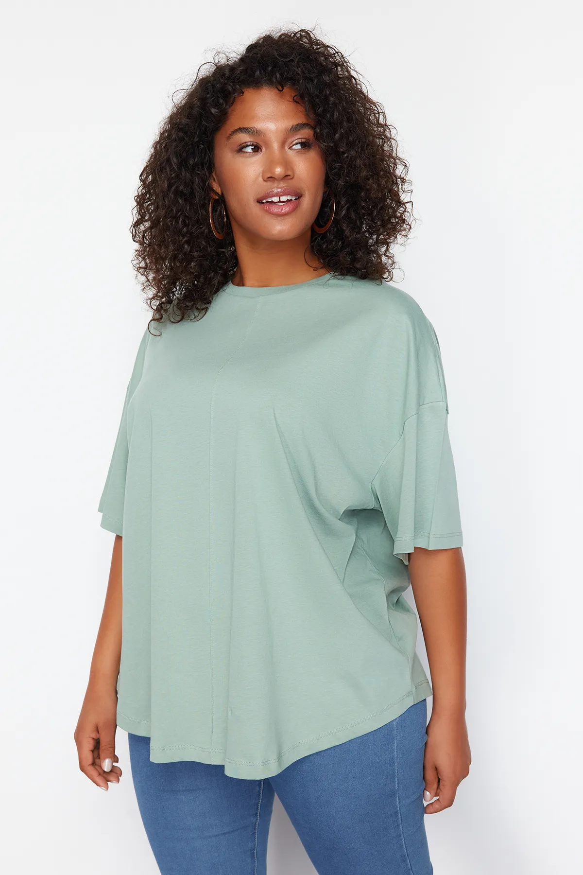 Trendyol Curve  Mintgrünes, übergroßes Strick-T-Shirt aus 100 % Baumwolle, nachhaltiger TBBSS24BF00050