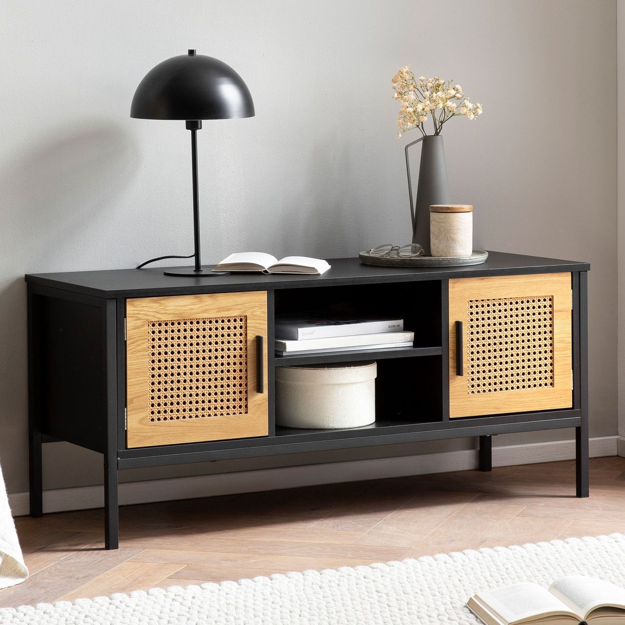 Wohnling Lowboard 110 cm TV Schrank Holz Schwarz Fernsehkommode Wiener Geflecht