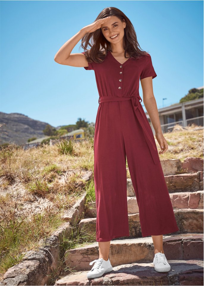 Jersey-Jumpsuit mit V-Ausschnitt, kurzarm