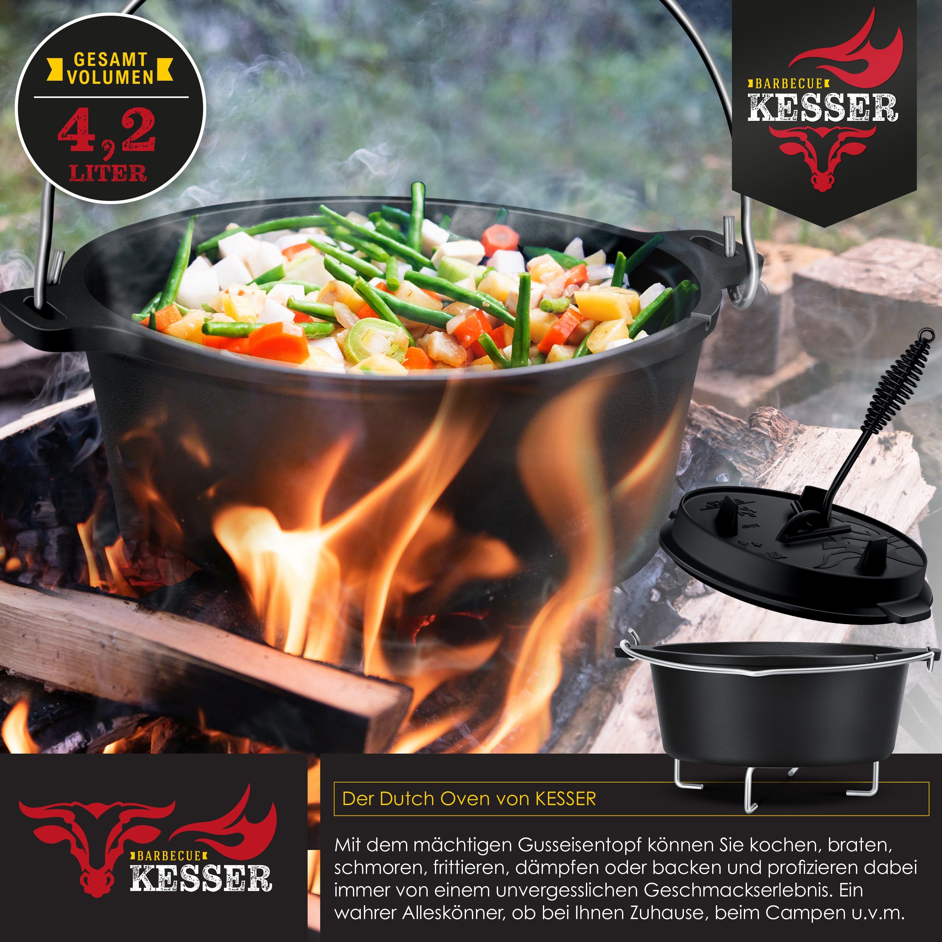 KESSER Feuertopf, Gußeisen, Dutch Oven Set BBQ Feuertopf Schmortopf, Gusseisen Topf