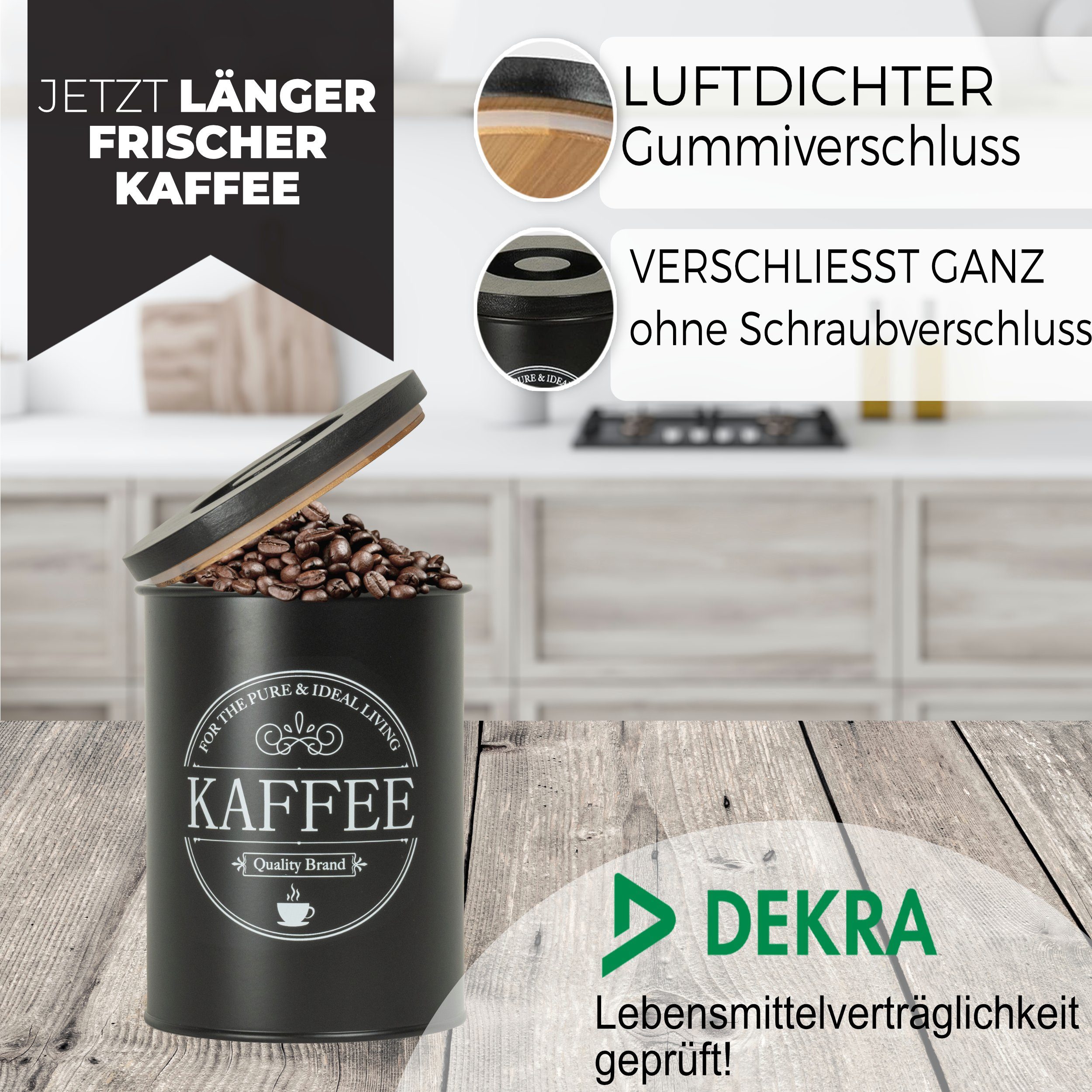 IDEALTASTIC Kaffeedose luftdicht 500g für anhaltendes Kaffeearoma, Stahl, (mit zeitsparendem Bambus-Deckel, Lebensmittelgeprüfte Kaffeedosen), Robuste Kaffeedose für gemahlenen Kaffee & Bohnen