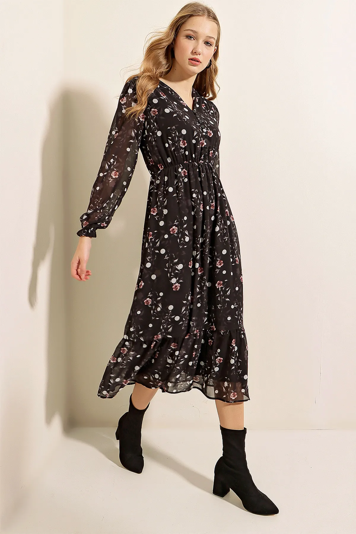 Bigdart  2137 Gemustertes Chiffonkleid – Schwarz