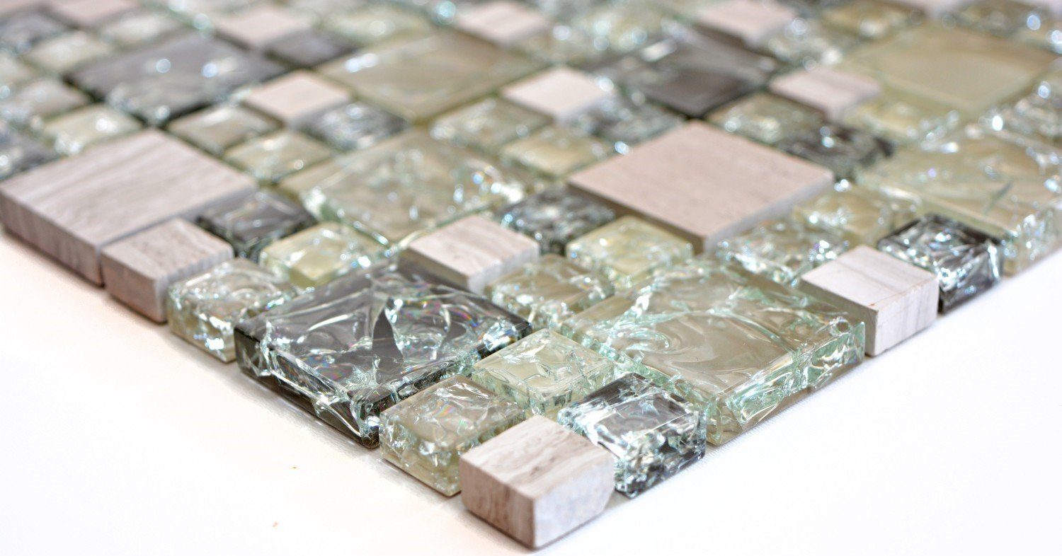 Mosani Mosaikfliesen Glasmosaik Naturstein Mosaik graugrün glänzend / 10 Matten